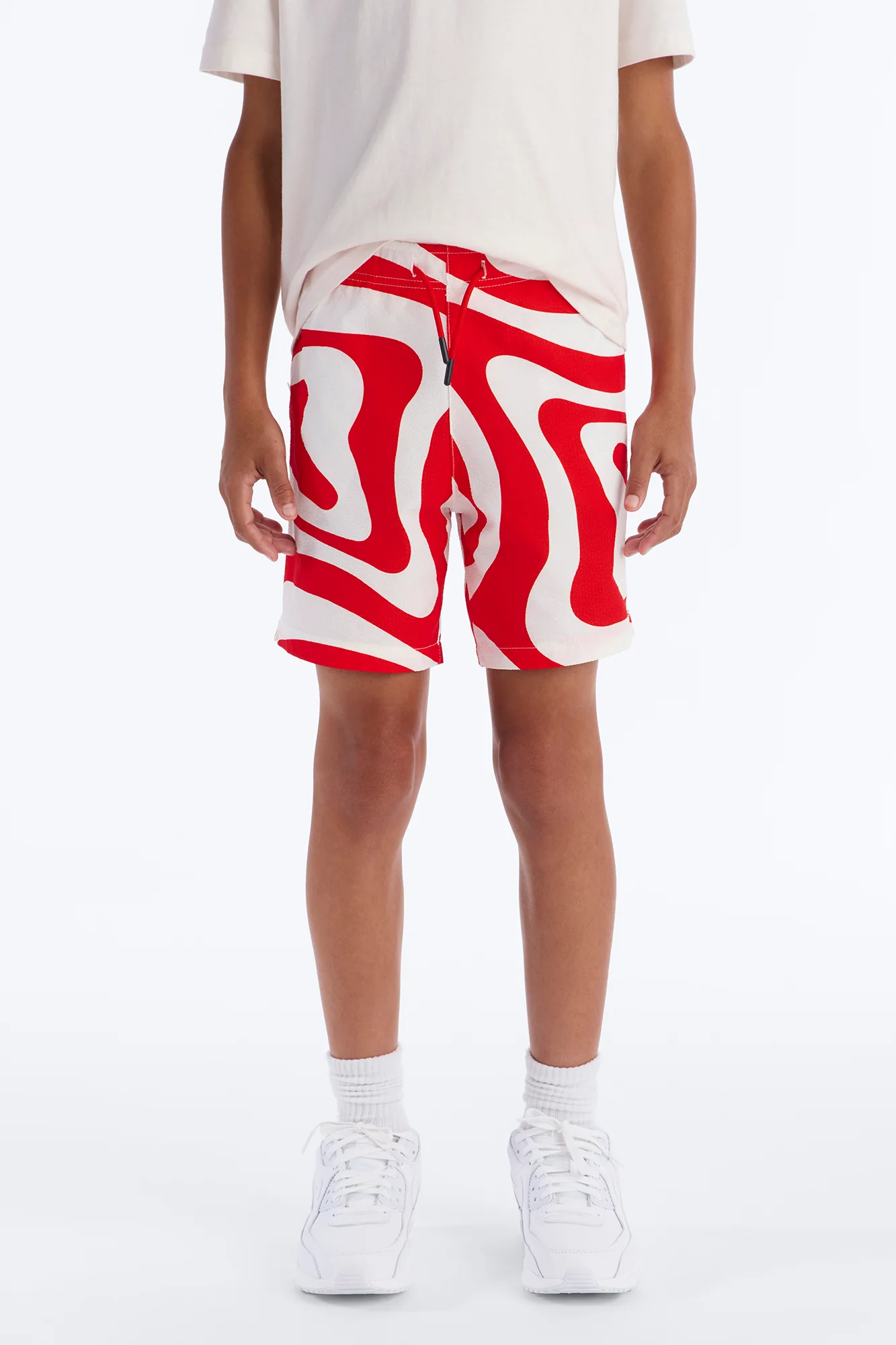 Mini Groovy Abstract Printed Seersucker Swim Trunk - Red