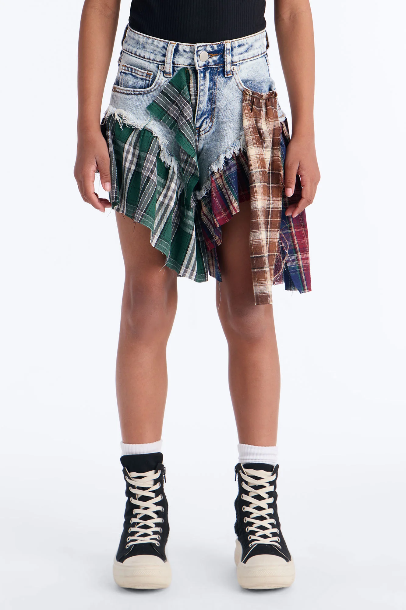 Mini High Impact Plaid Denim Shorts - Light Wash - Image 2