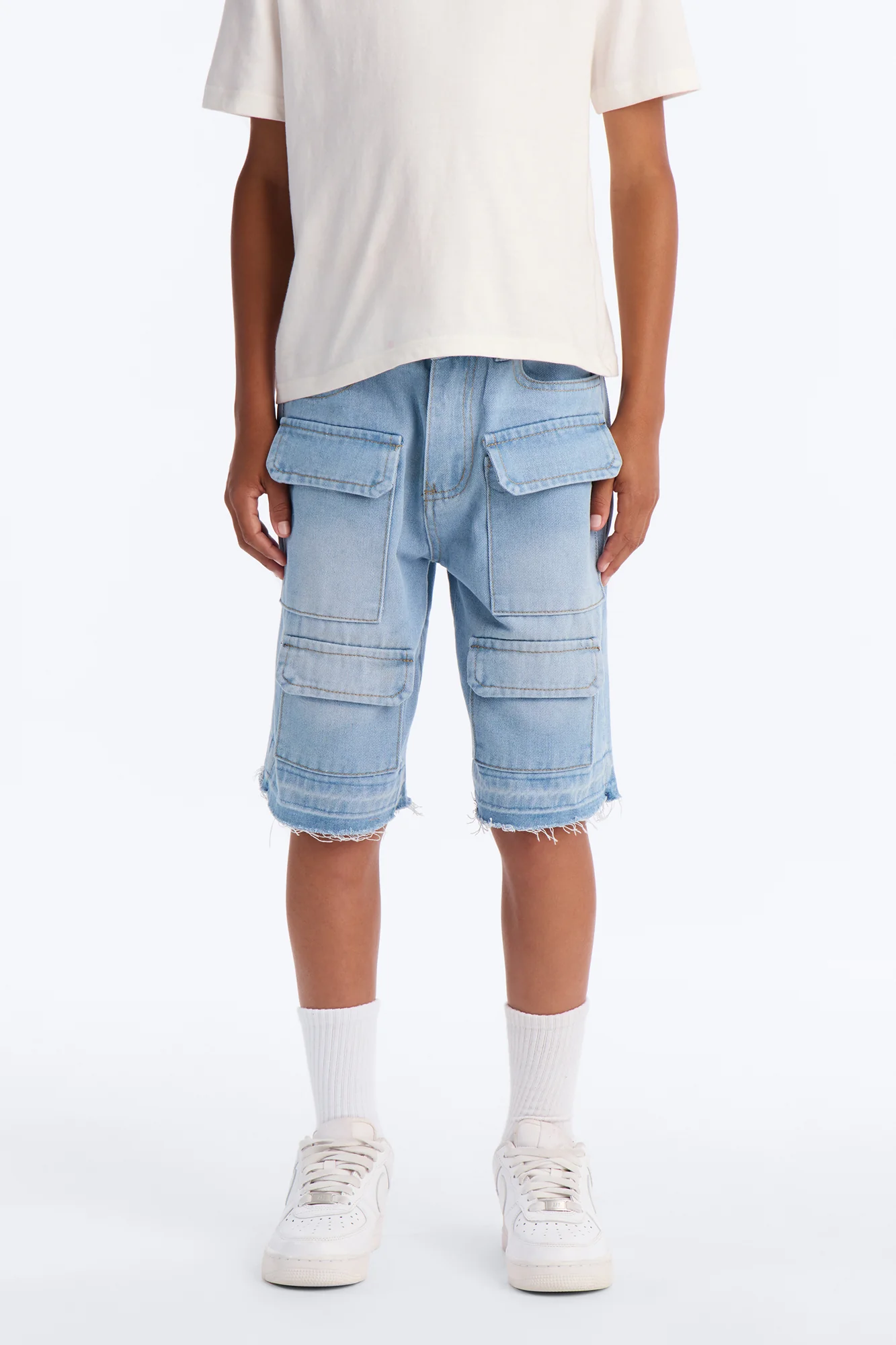 Mini Keep It Simple Cargo Denim Shorts - Ice Blue