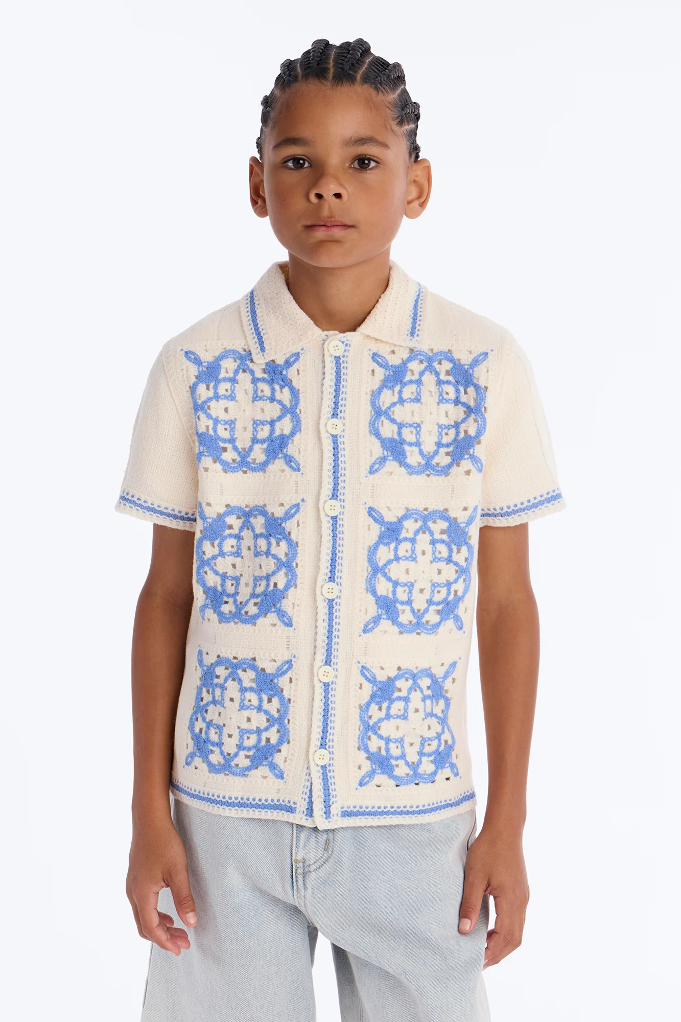 Mini Lido Isle Crochet Button Up Shirt - Cream