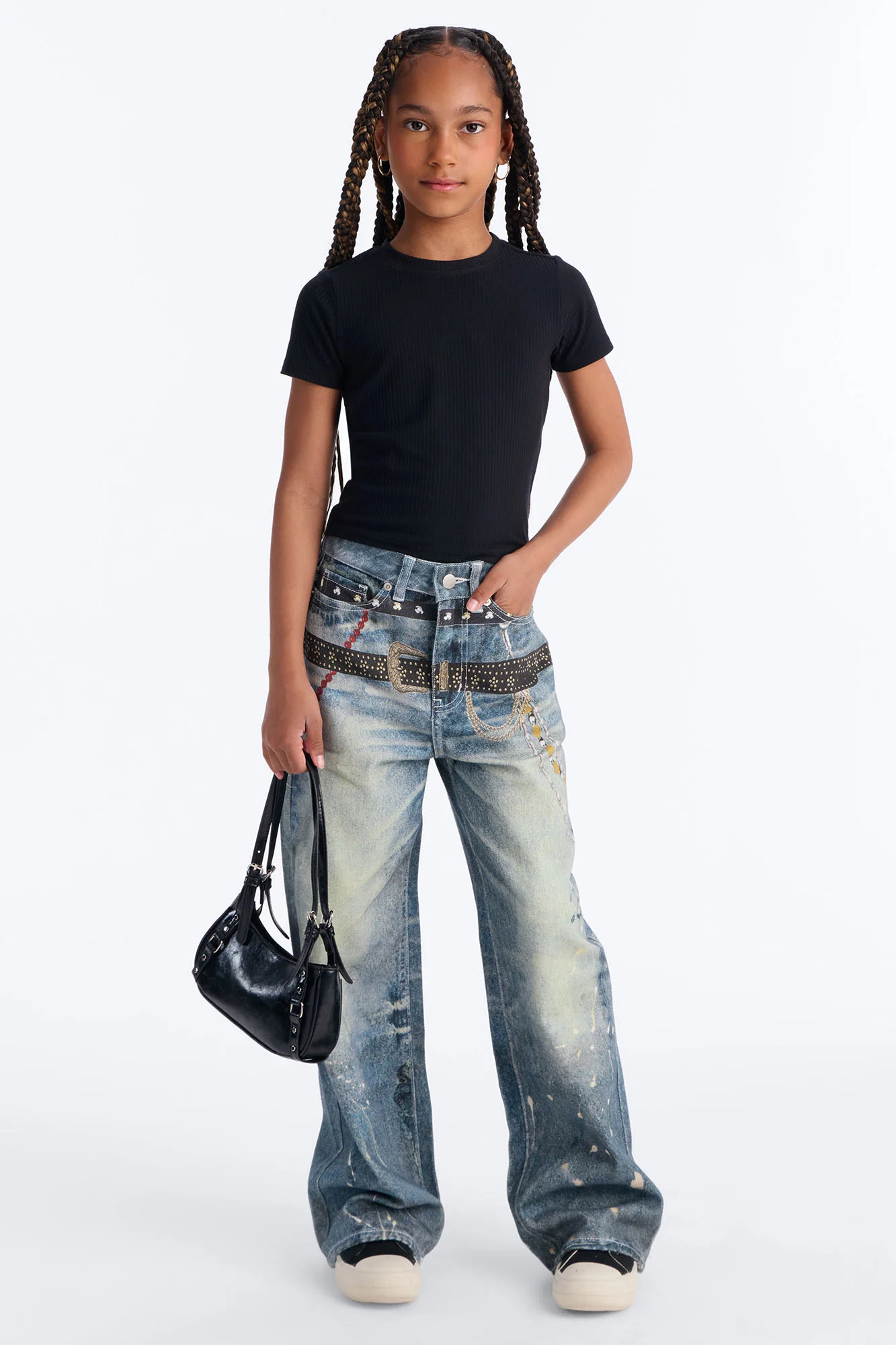 Mini Linked Up Printed Wide Leg Jeans - Medium Wash