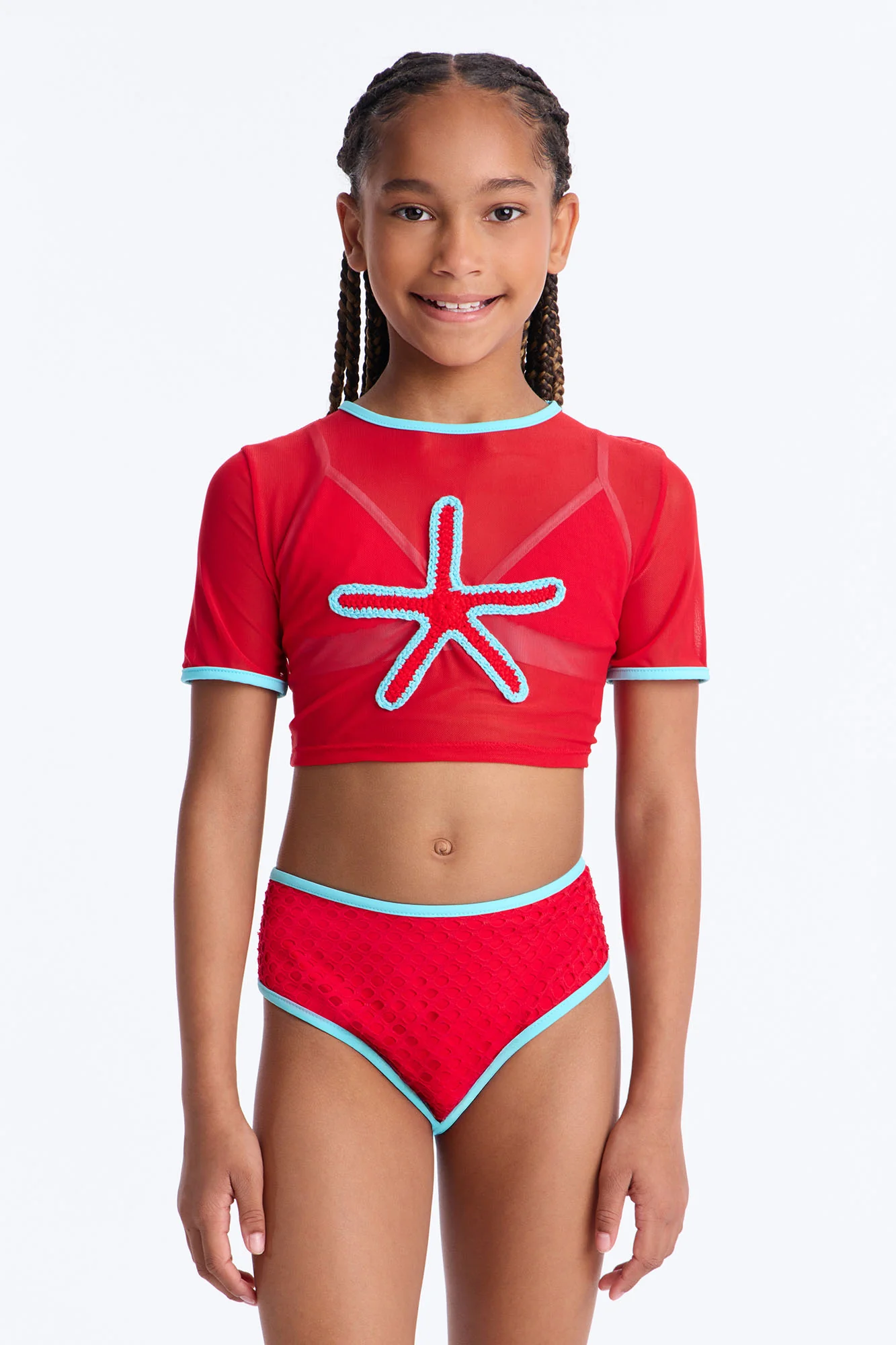 Mini Millie Starfish Crochet Mesh 3 Piece Bikini Set - Red/combo