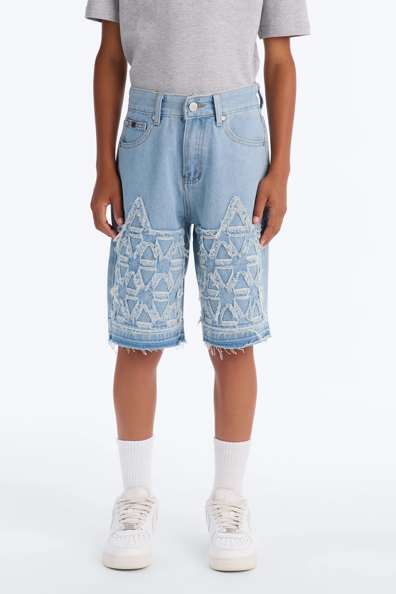 Mini Never Give Up Frayed Denim Shorts - Light Blue