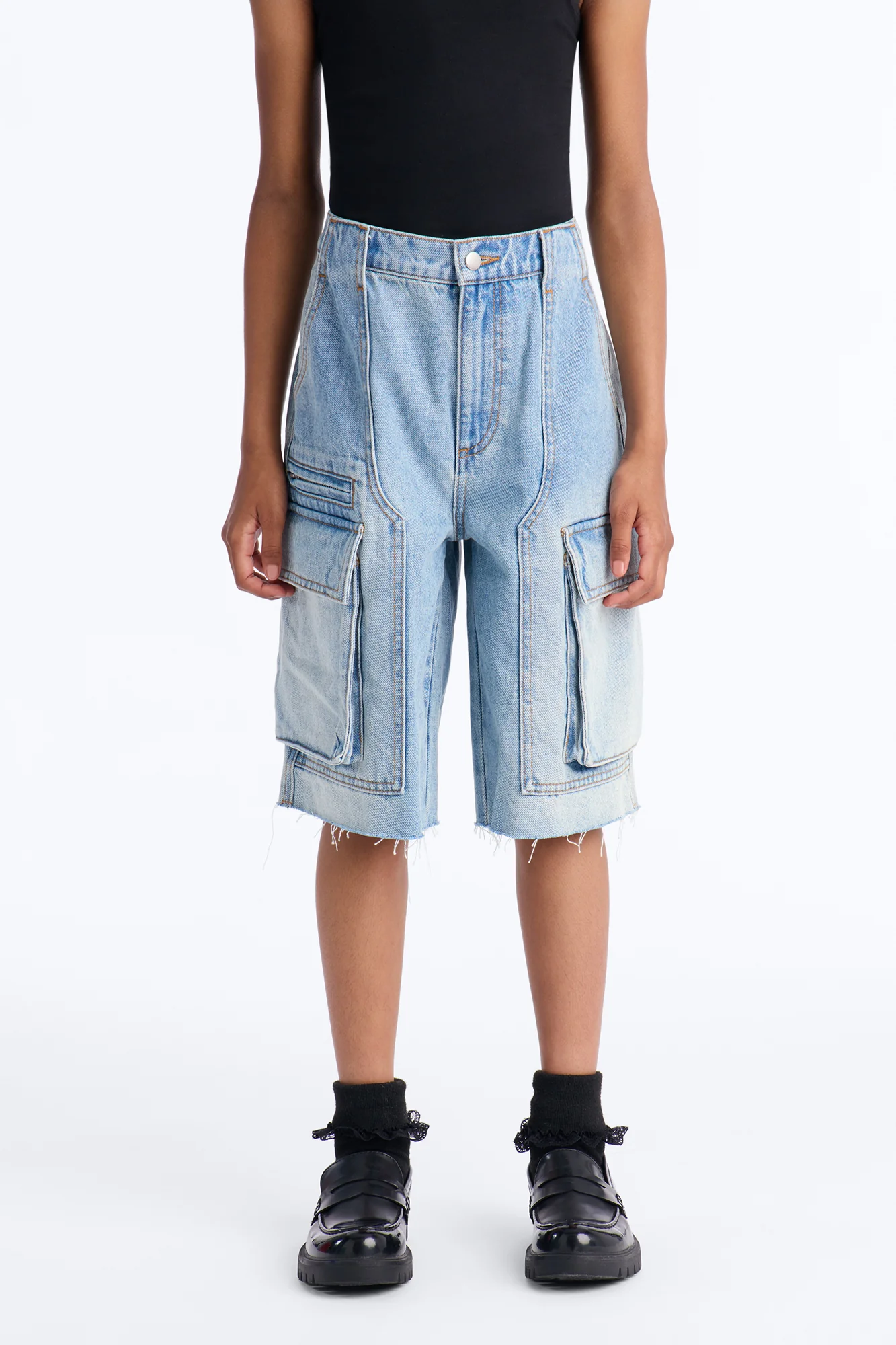 Mini Parker Denim Cargo Jorts - Light Wash - Image 2