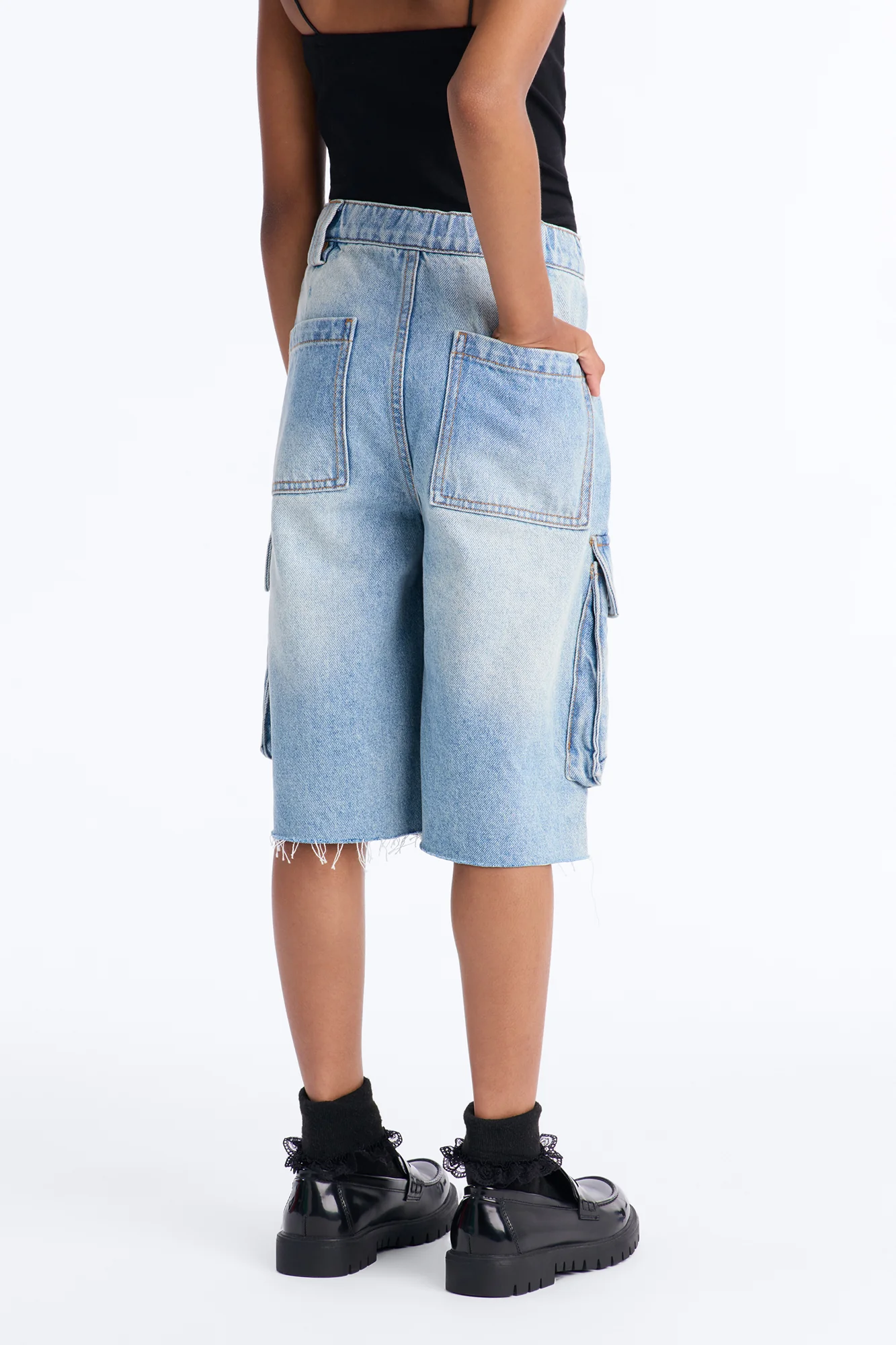 Mini Parker Denim Cargo Jorts - Light Wash - Image 4