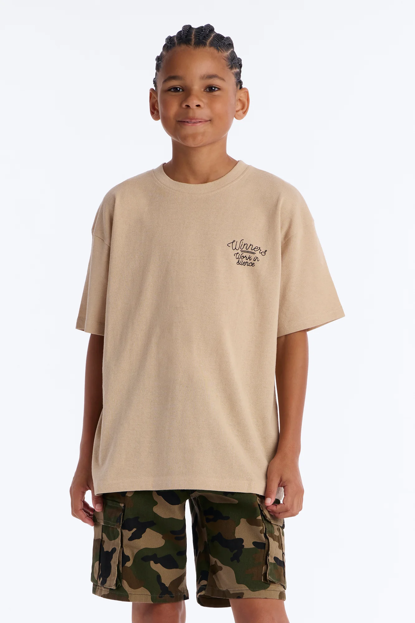 Mini Pray And Paper Chase Embroidery Short Sleeve Tee - Khaki - Image 3