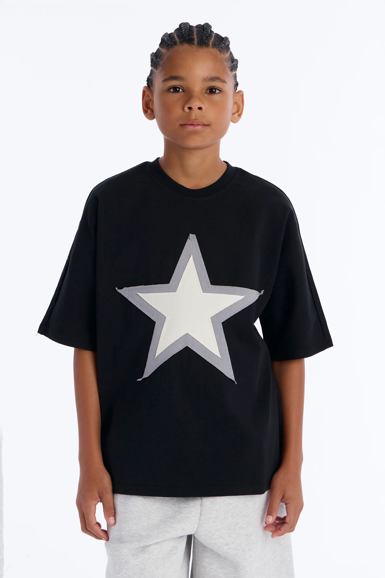 Mini Premium Oversized Star Patch Short Sleeve Tee - Black
