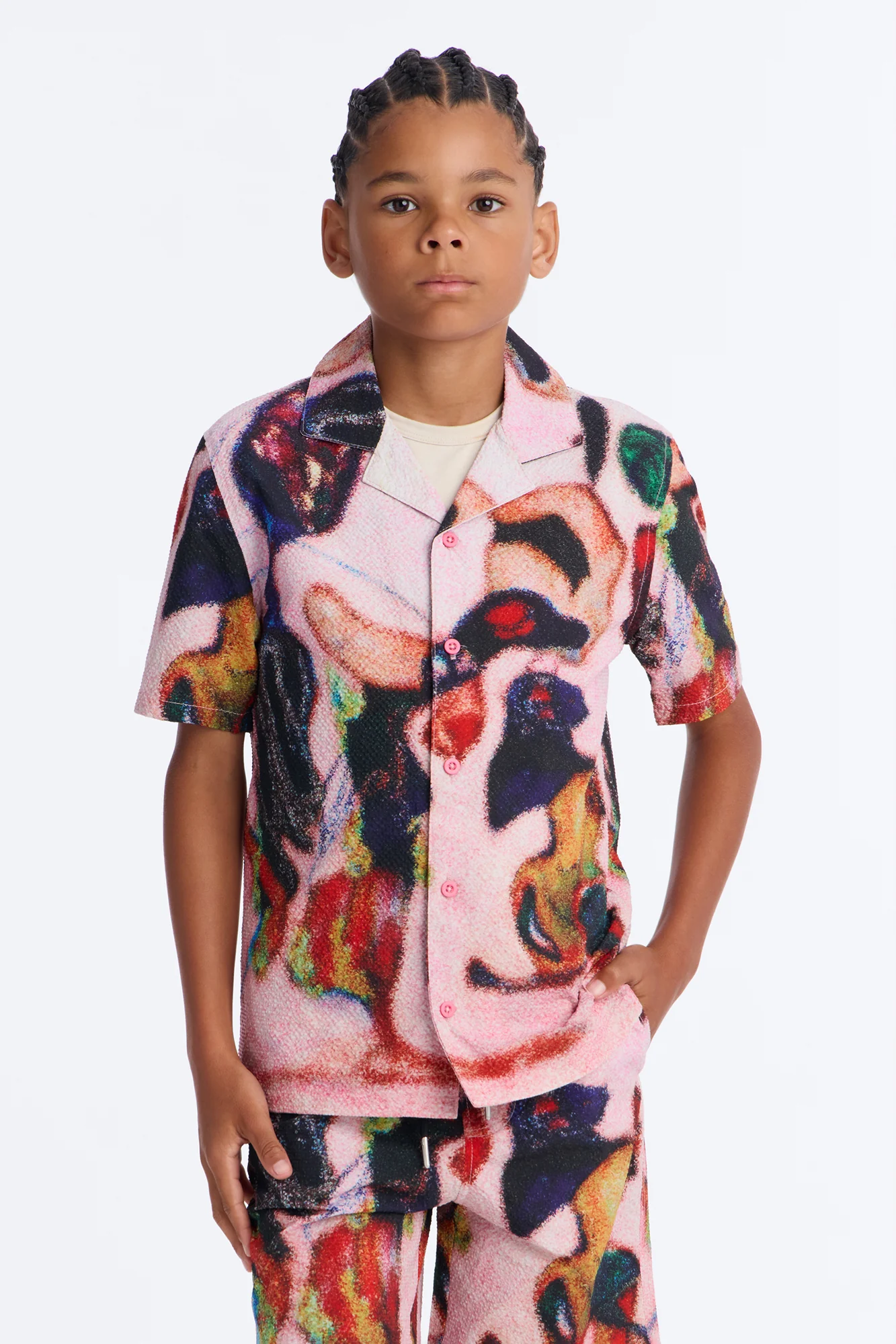 Mini Relaxed Euphoric Blur Seersucker Cuban Button Up Shirt - Multi Color