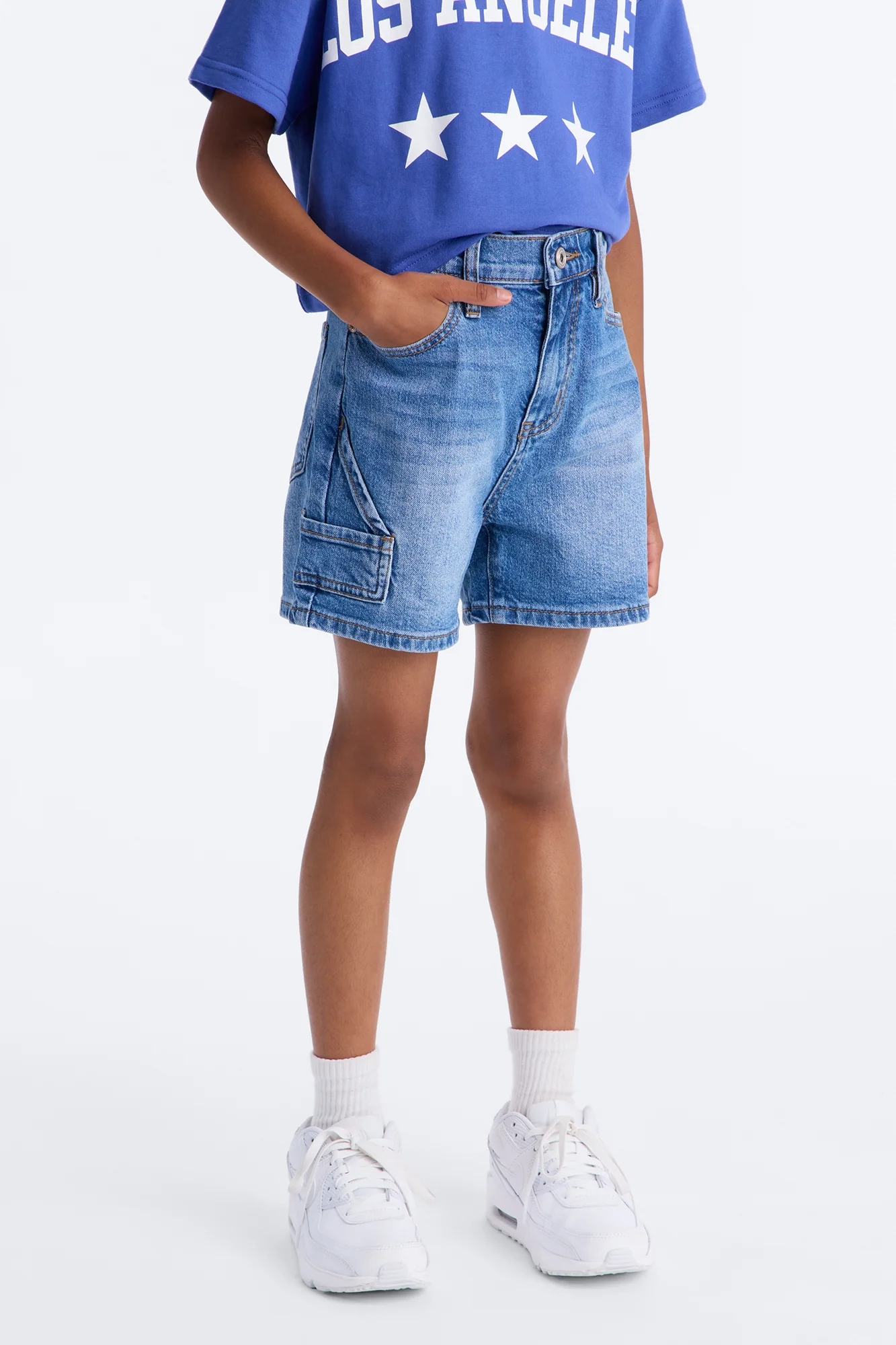 Mini Same Page Stretch Denim Utility Shorts - Medium Wash - Image 2