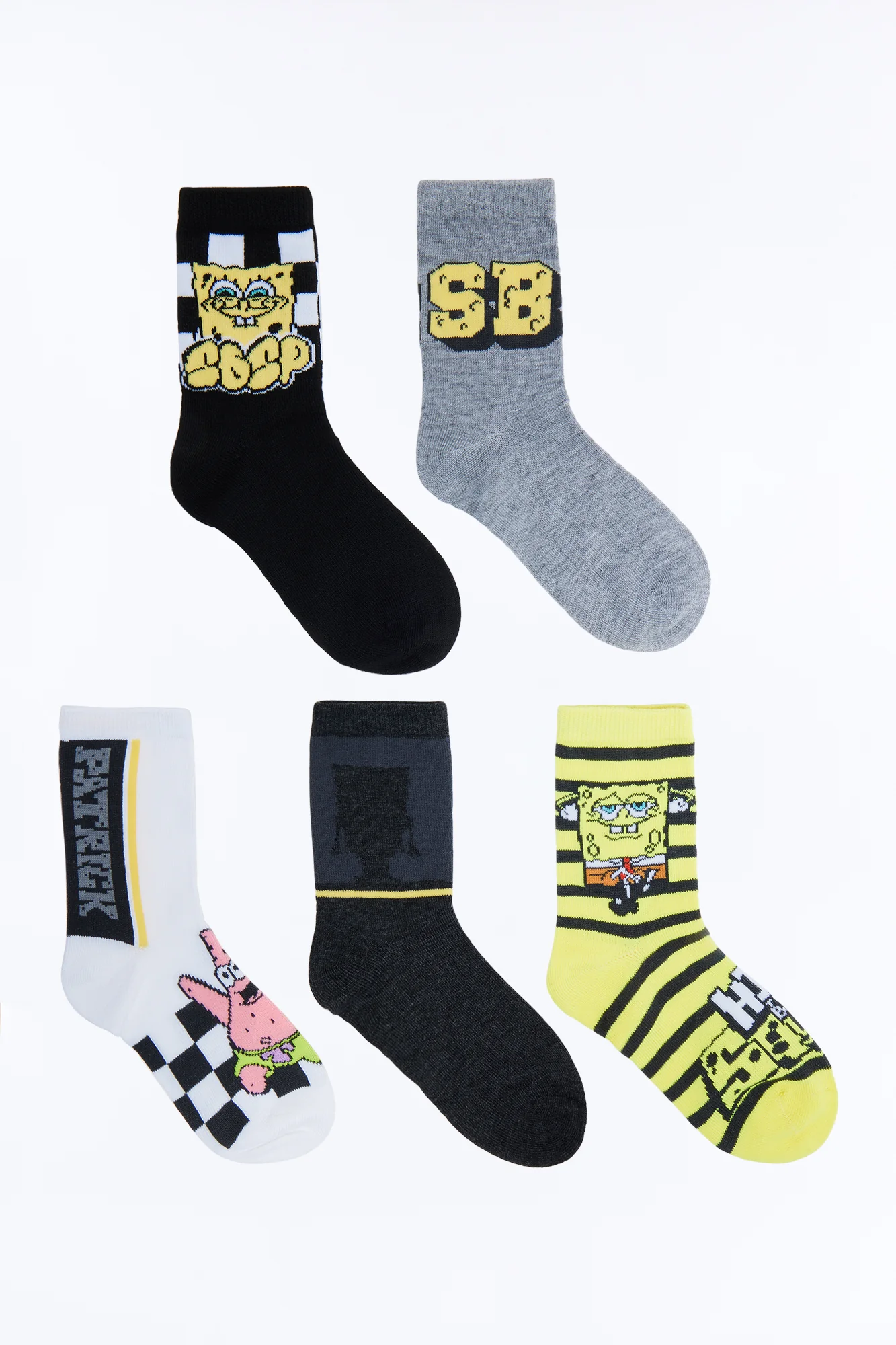 Mini Spongebob And Patrick 5 Pack Crew Socks - Grey/combo