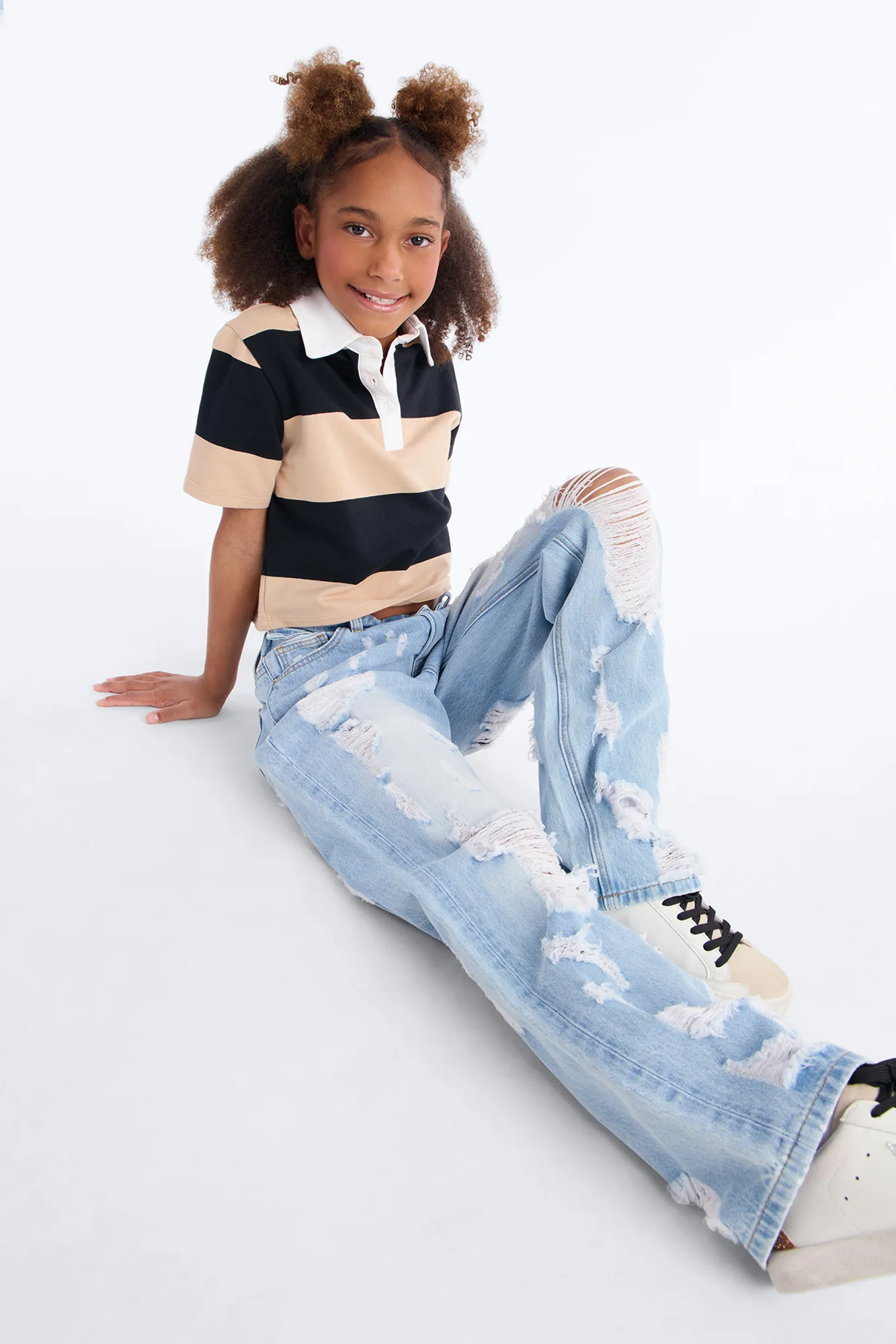 Mini Summer Fling Destroyed Foldover Baggy Jean - Light Wash - Image 3