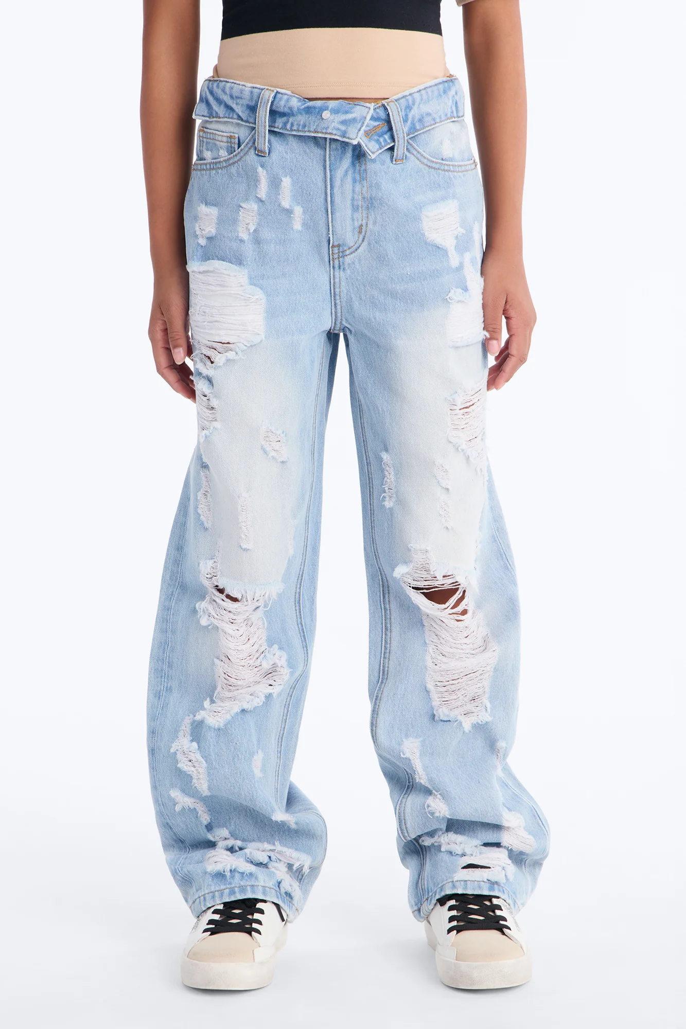Mini Summer Fling Destroyed Foldover Baggy Jean - Light Wash - Image 5