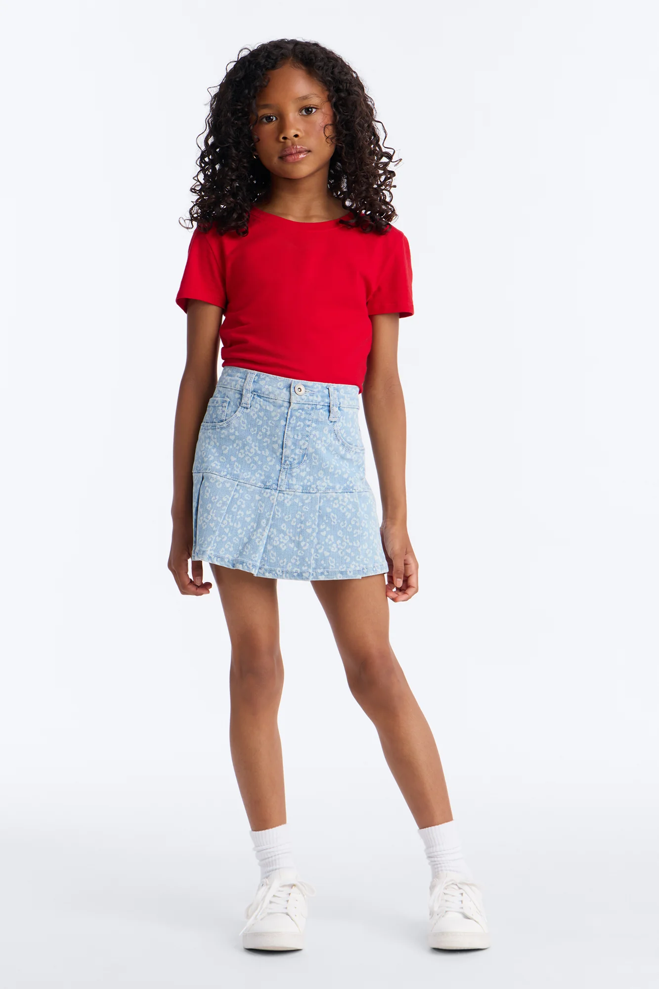 Mini Vivian Leopard Print Pleated Denim Skort - Light Wash