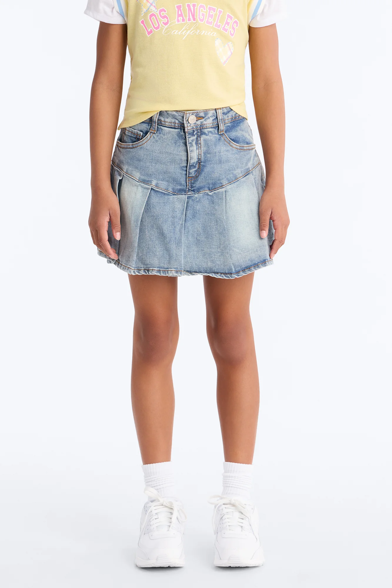 Mini You're Welcome Pleated Denim Skort - Light Wash - Image 2