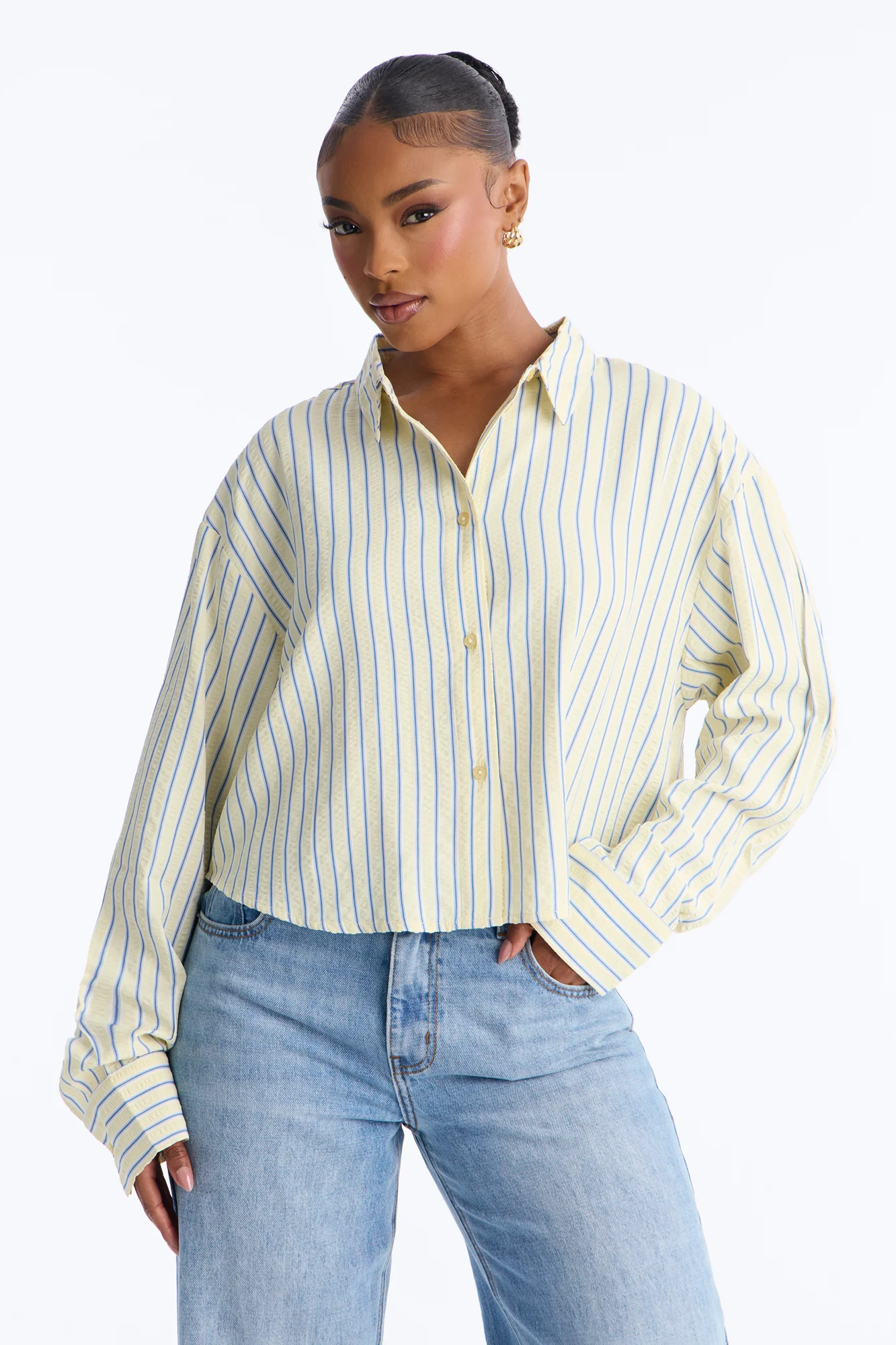 Minimal Effort Cropped Pinstripe Shirt - Butter Yellow