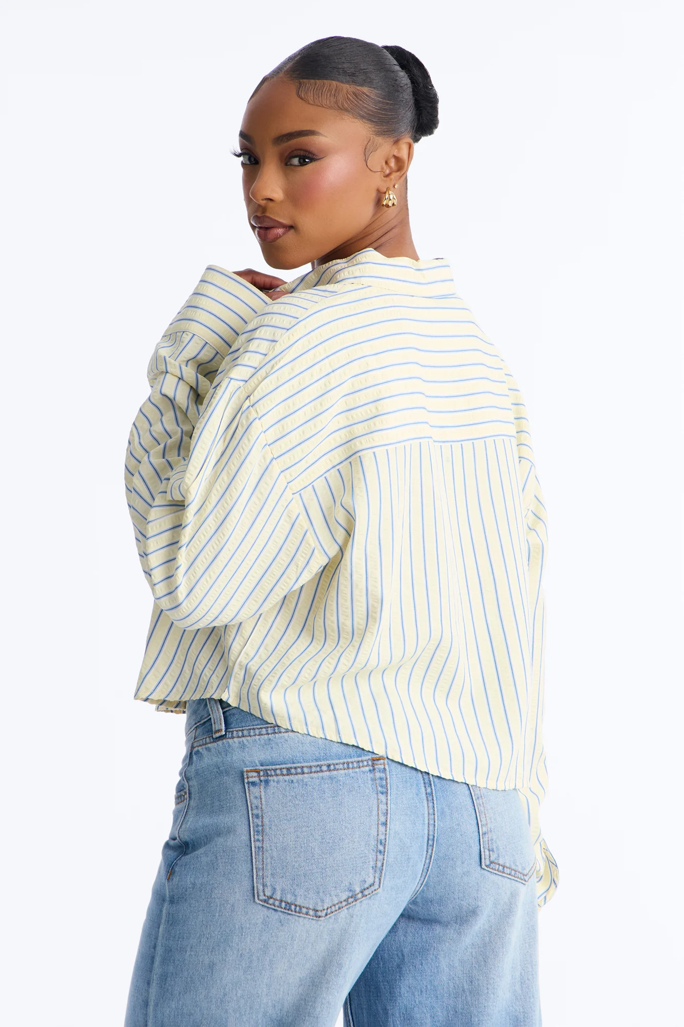 Minimal Effort Cropped Pinstripe Shirt - Butter Yellow - Image 4