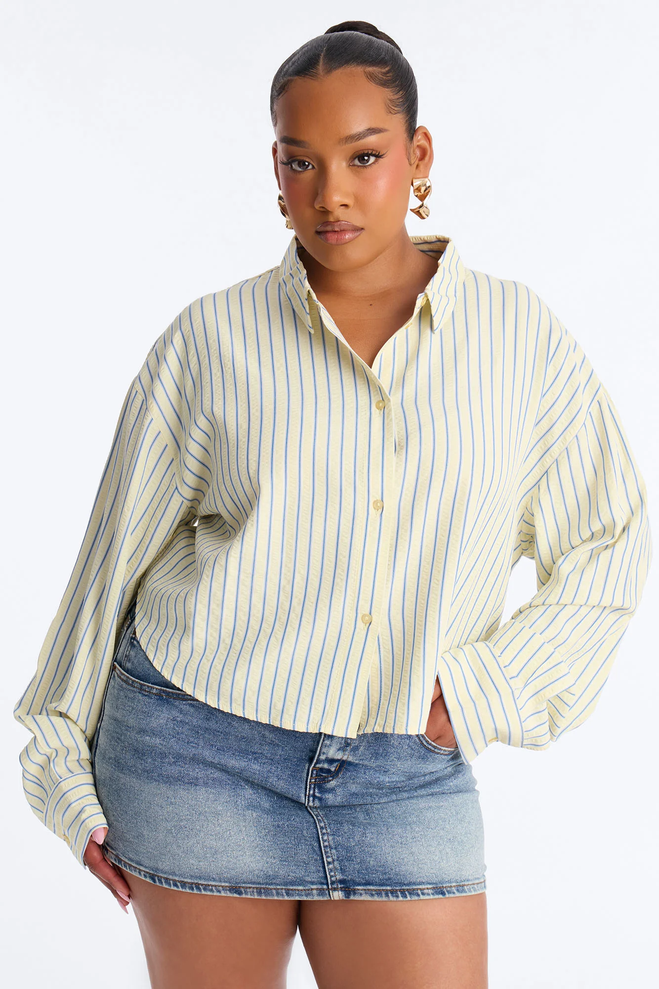 Minimal Effort Cropped Pinstripe Shirt - Butter Yellow - Image 5