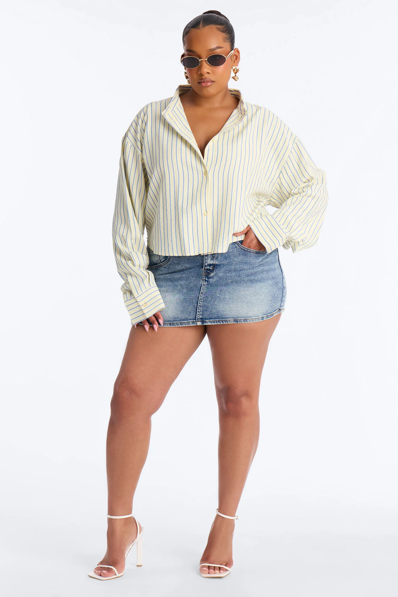 Minimal Effort Cropped Pinstripe Shirt - Butter Yellow - Image 6