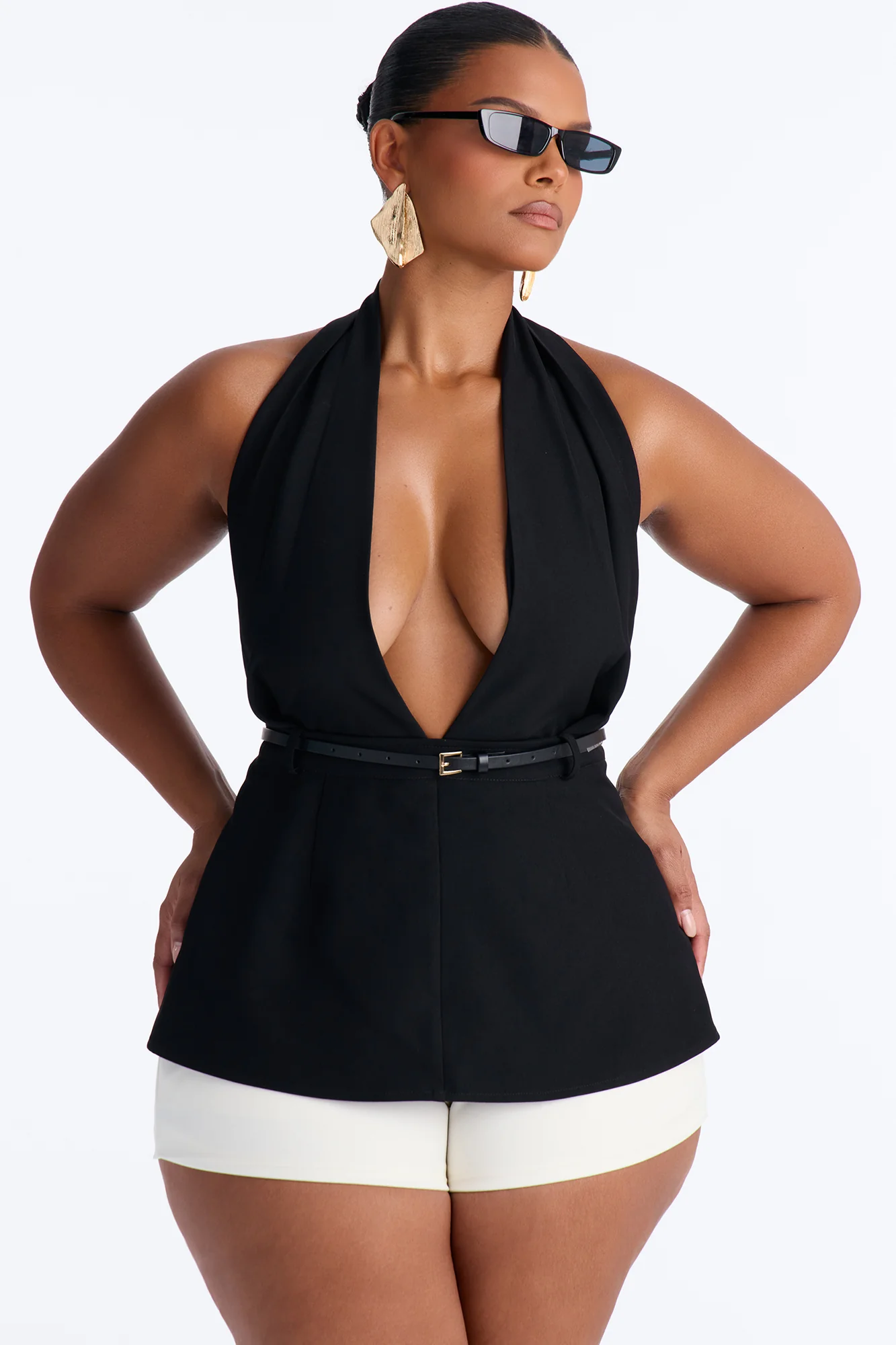 Minimal Talk Belted Twill Halter Top - Black - Image 5