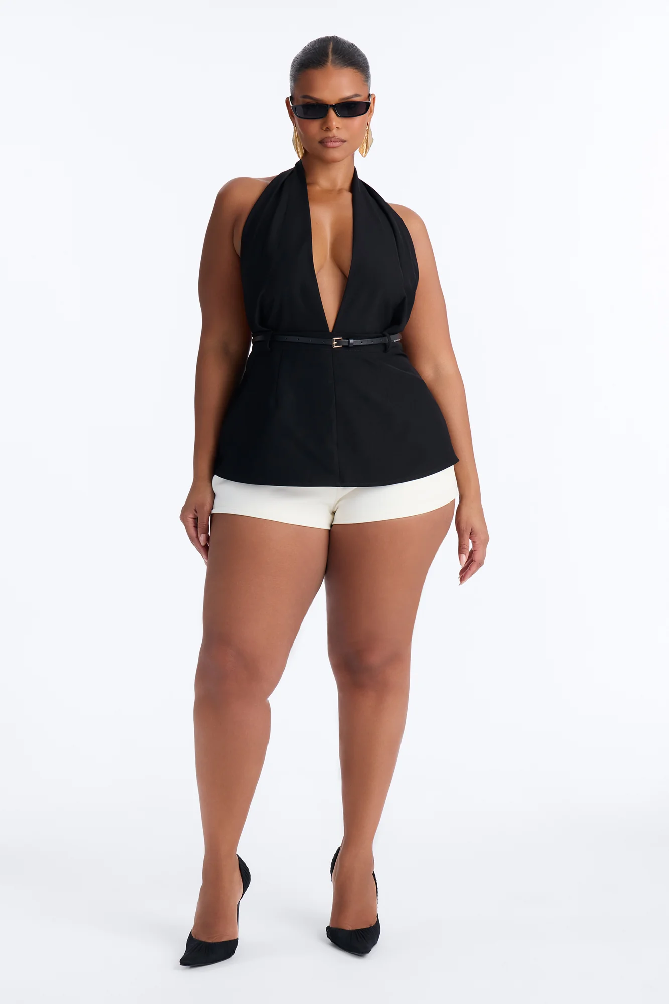 Minimal Talk Belted Twill Halter Top - Black - Image 6