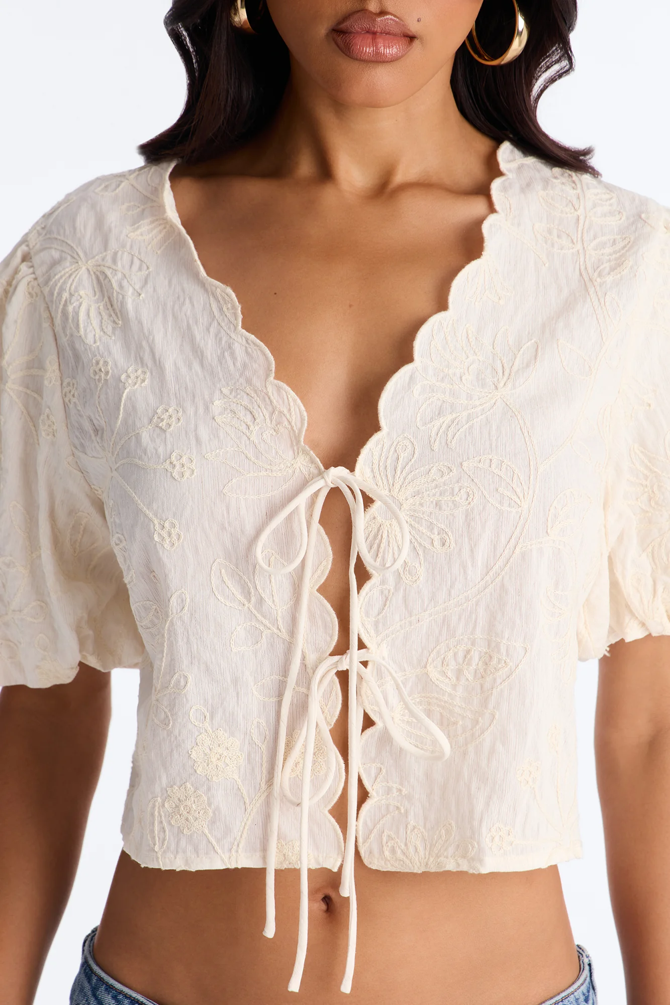 Mira Embroidered Tie Front Linen Top - Cream - Image 3