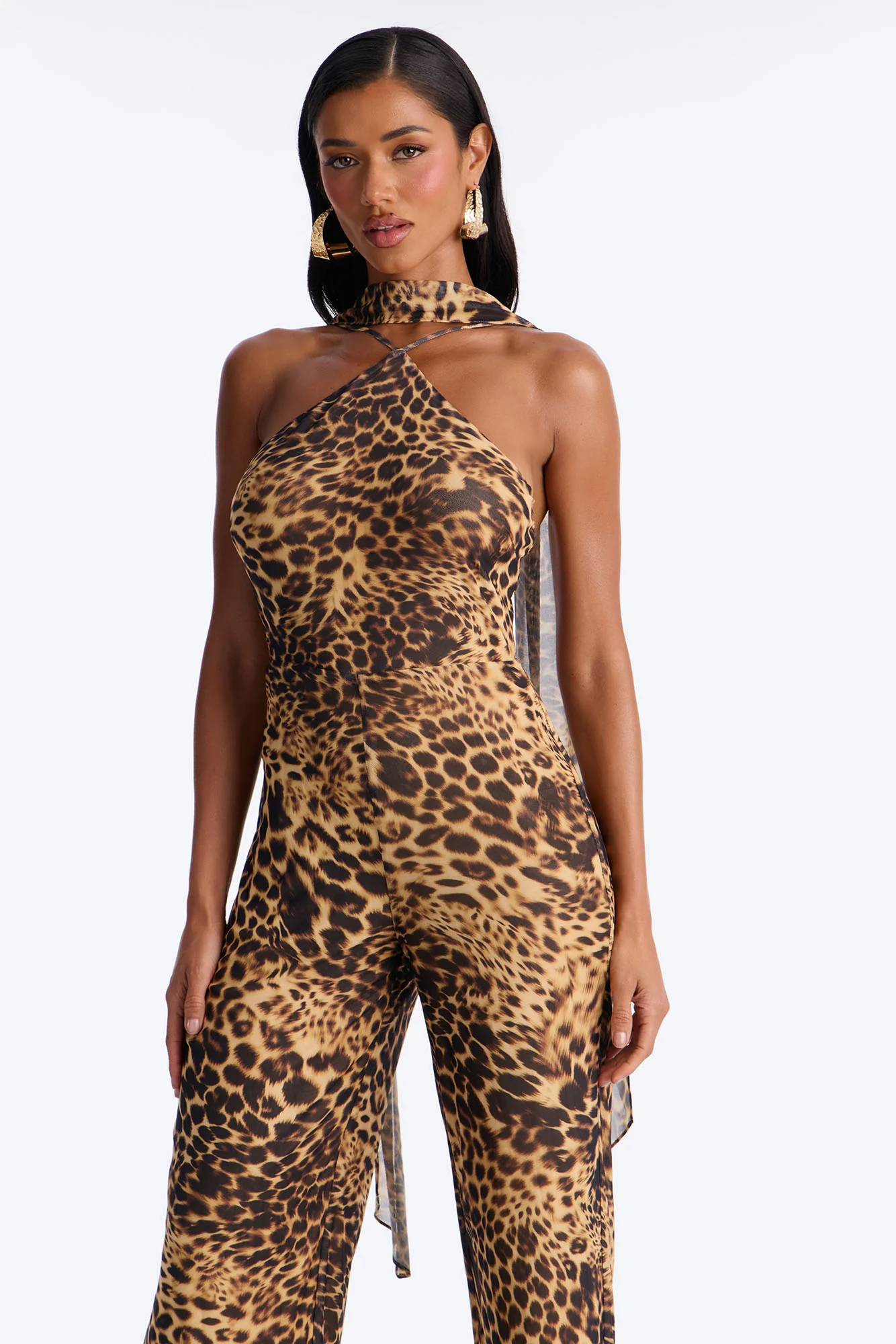 Mira Mesh Scarf Leopard Jumpsuit - Brown/combo - Image 2