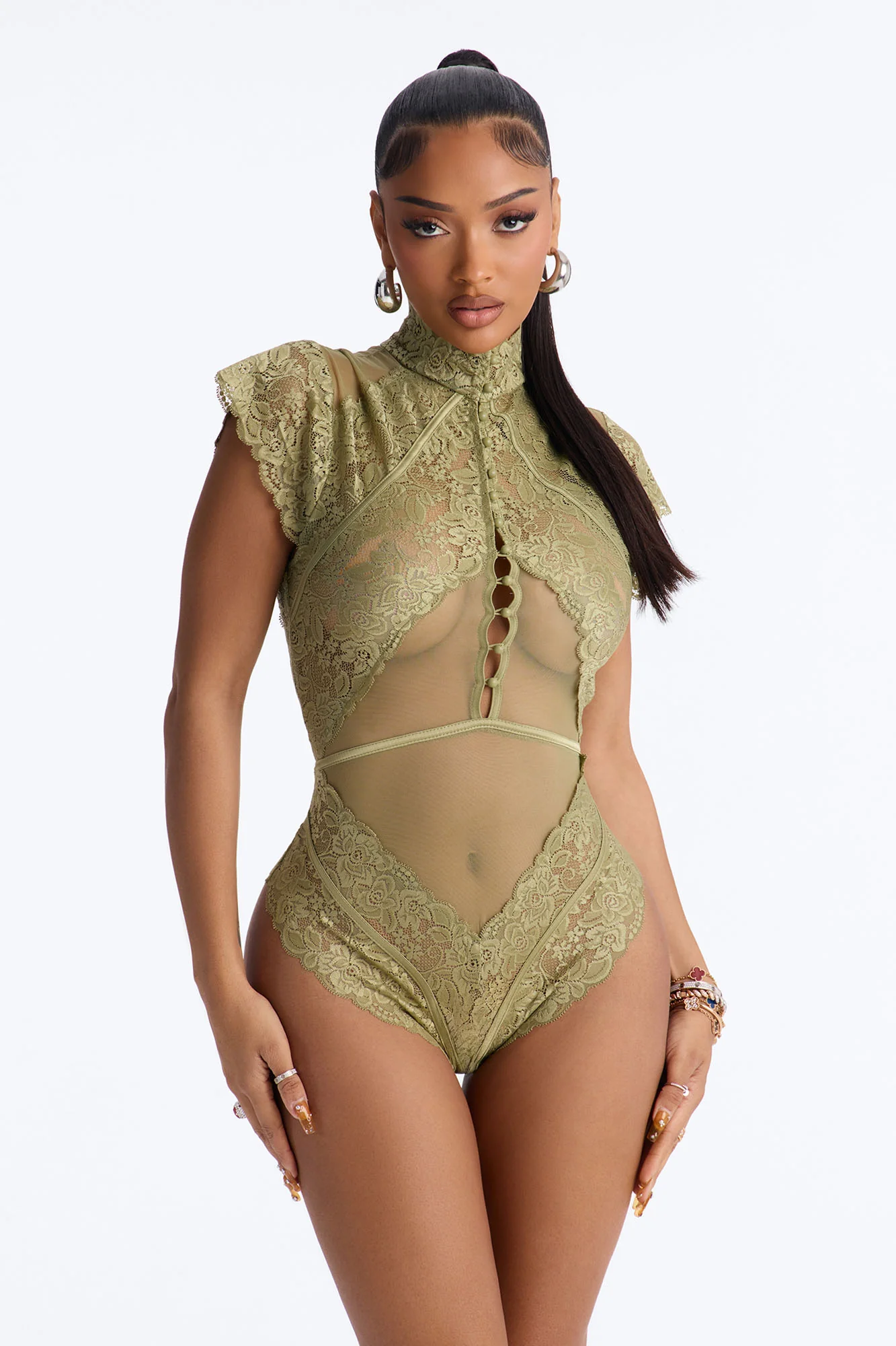 Mirabel Lace Button Up Mock Neck Short Sleeve Bodysuit - Sage