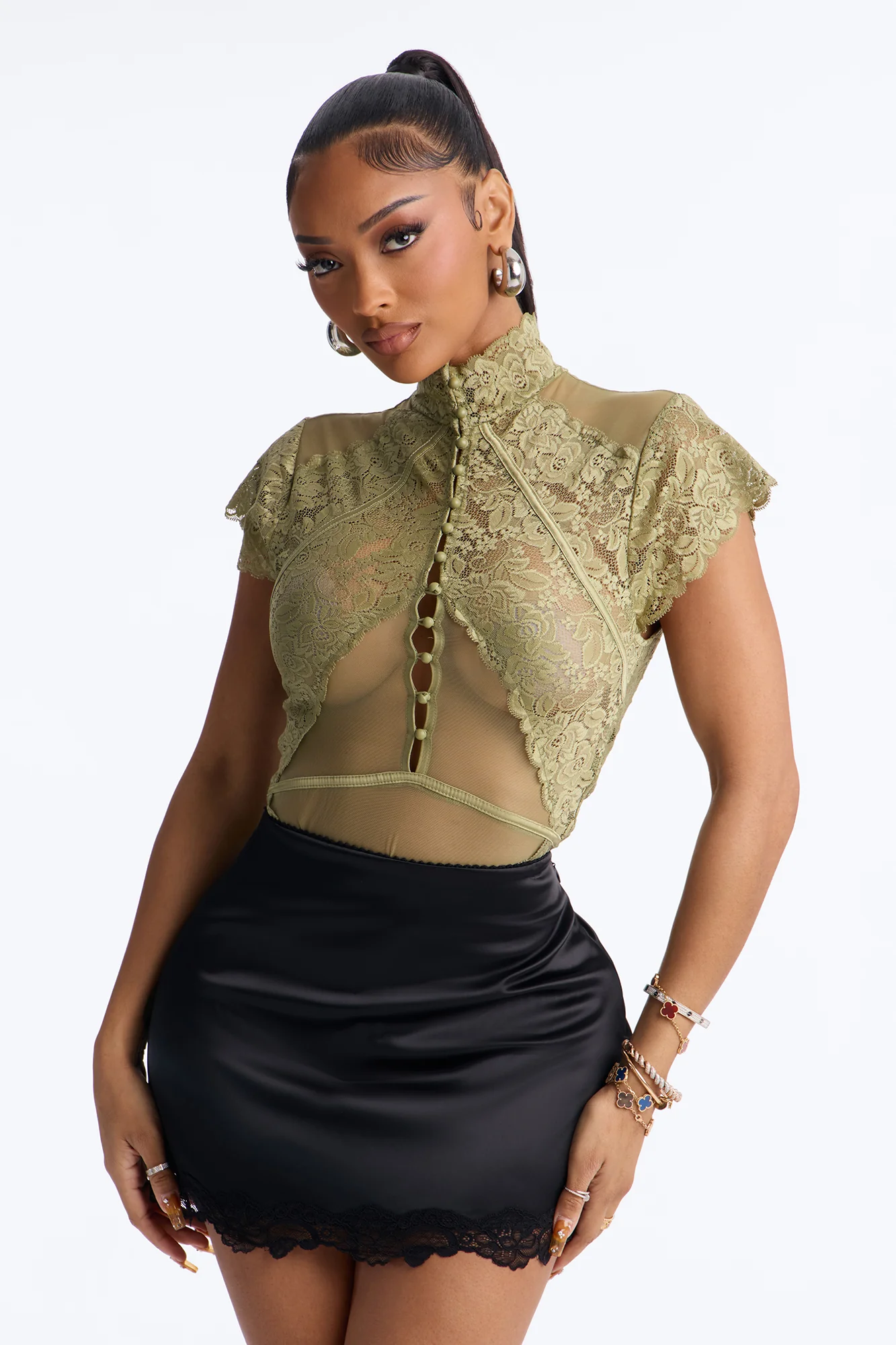 Mirabel Lace Button Up Mock Neck Short Sleeve Bodysuit - Sage - Image 3