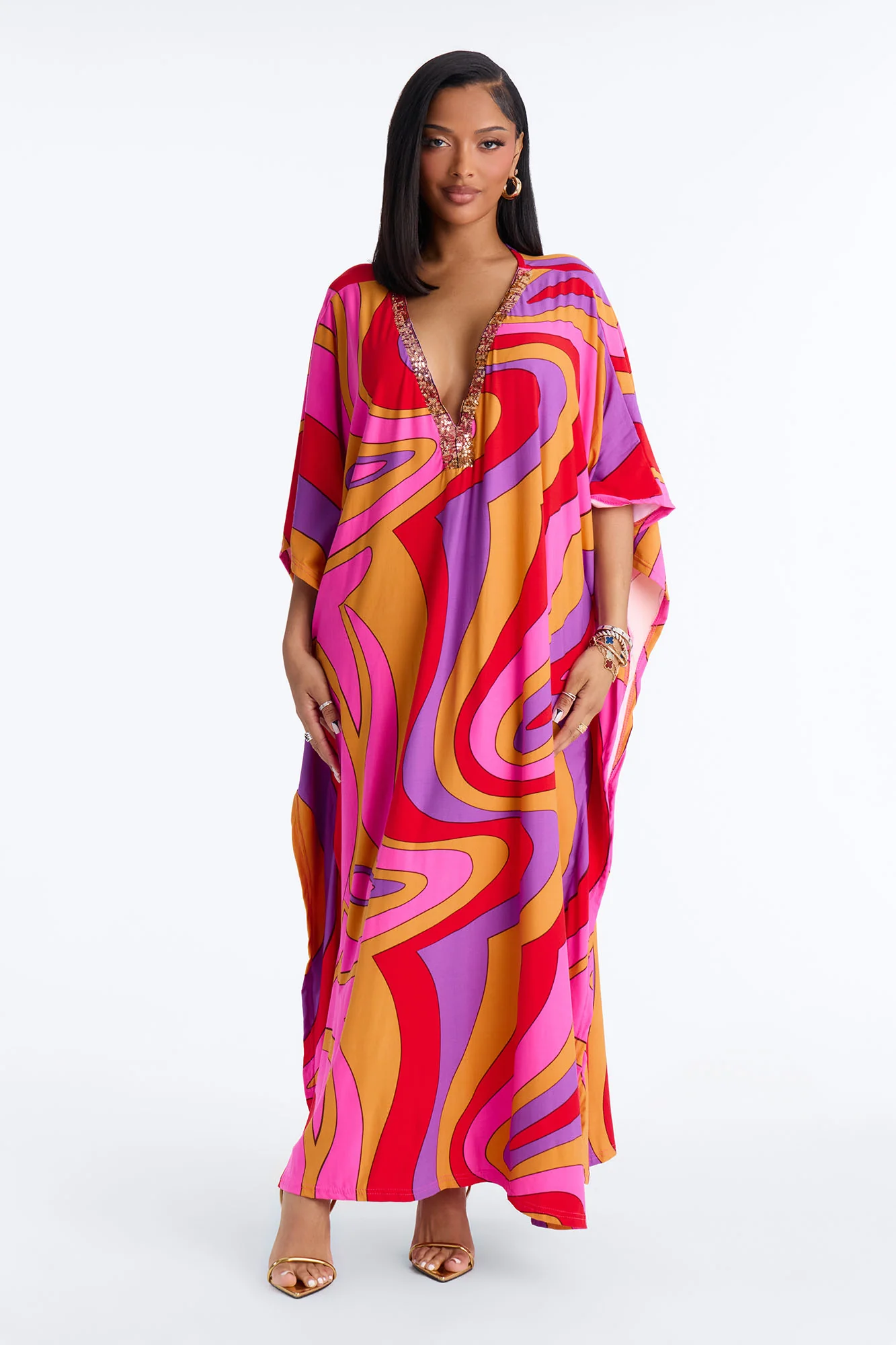 Mirage Pool Sequins Cover Up Maxi Kaftan - Hot Pink/combo