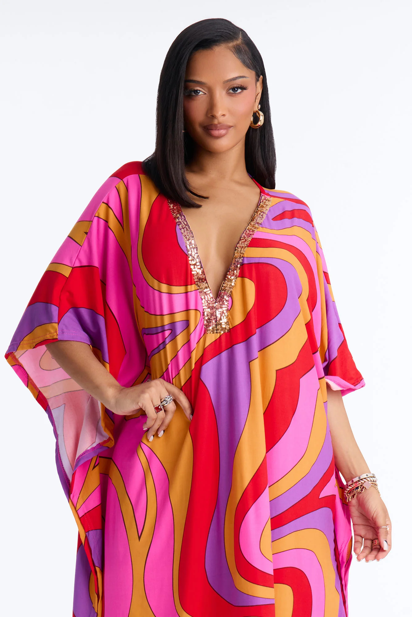 Mirage Pool Sequins Cover Up Maxi Kaftan - Hot Pink/combo - Image 2
