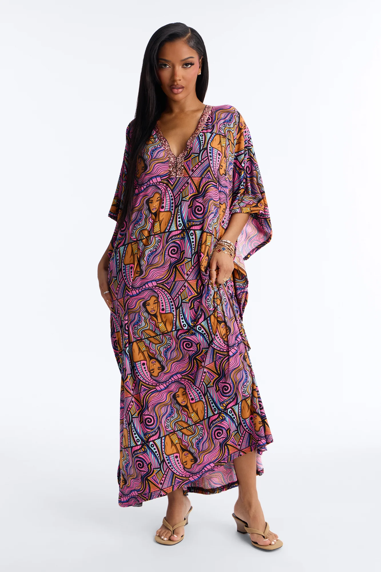 Mirage Pool Sequins Cover Up Maxi Kaftan - Pink/combo