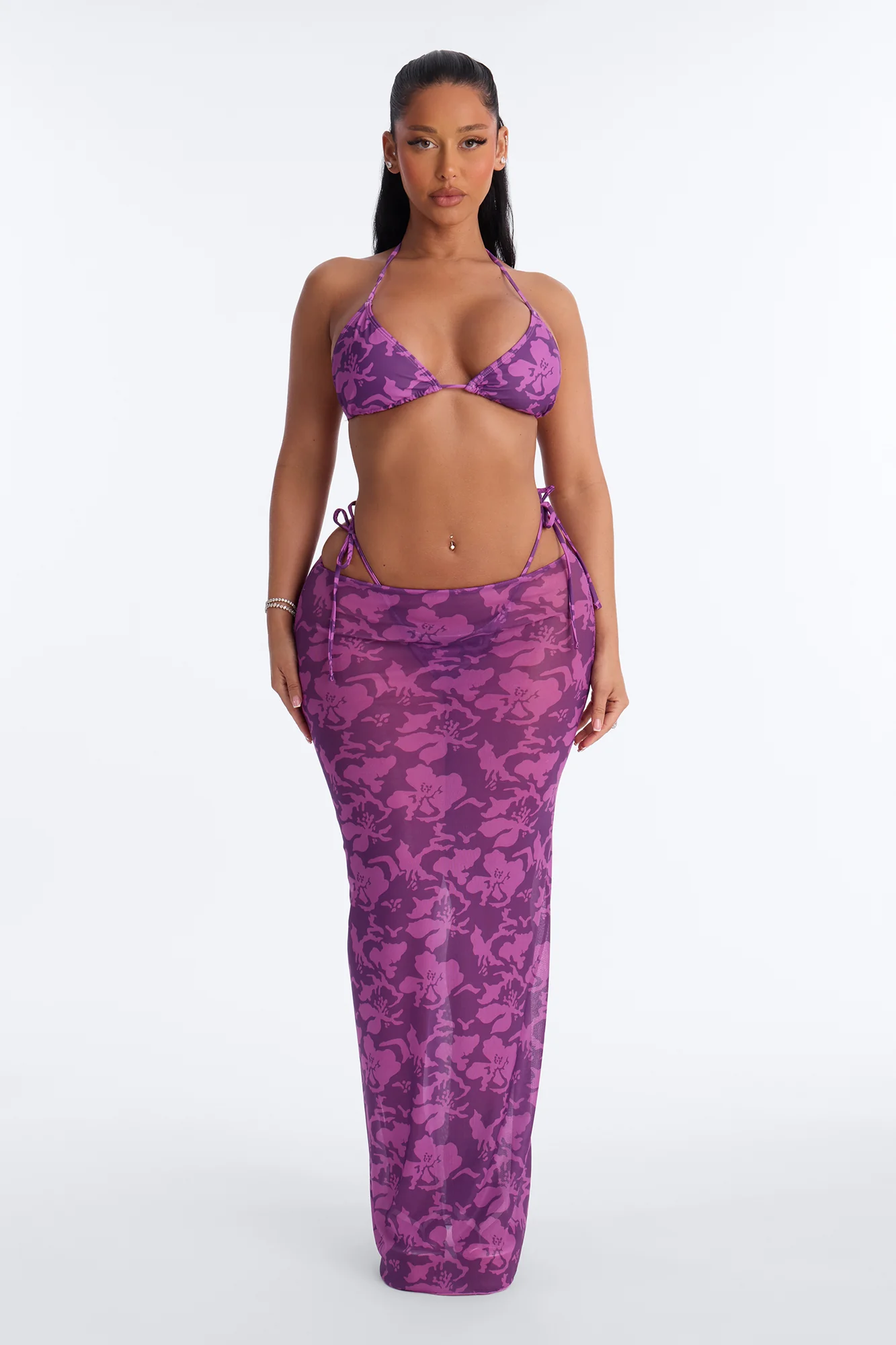 Mirella 3 Piece Floral Triangle Bikini & Cover Up Skirt Sunsuit - Purple
