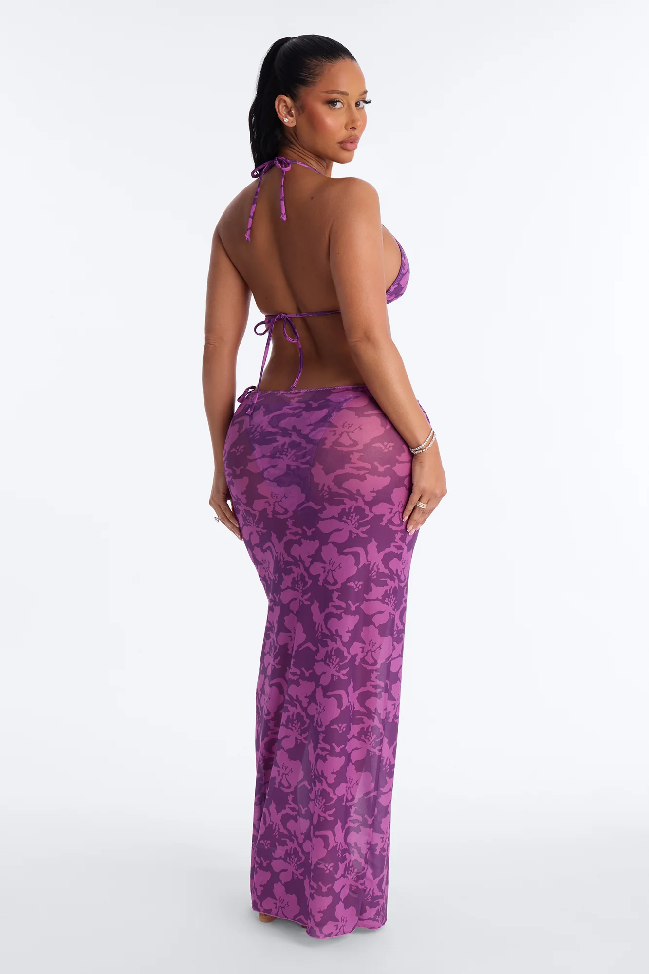 Mirella 3 Piece Floral Triangle Bikini & Cover Up Skirt Sunsuit - Purple - Image 4