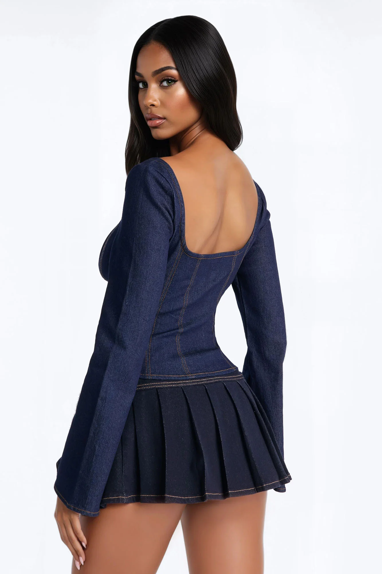 Miss Professional Front Zip Denim Top - Dark Wash - Image 4