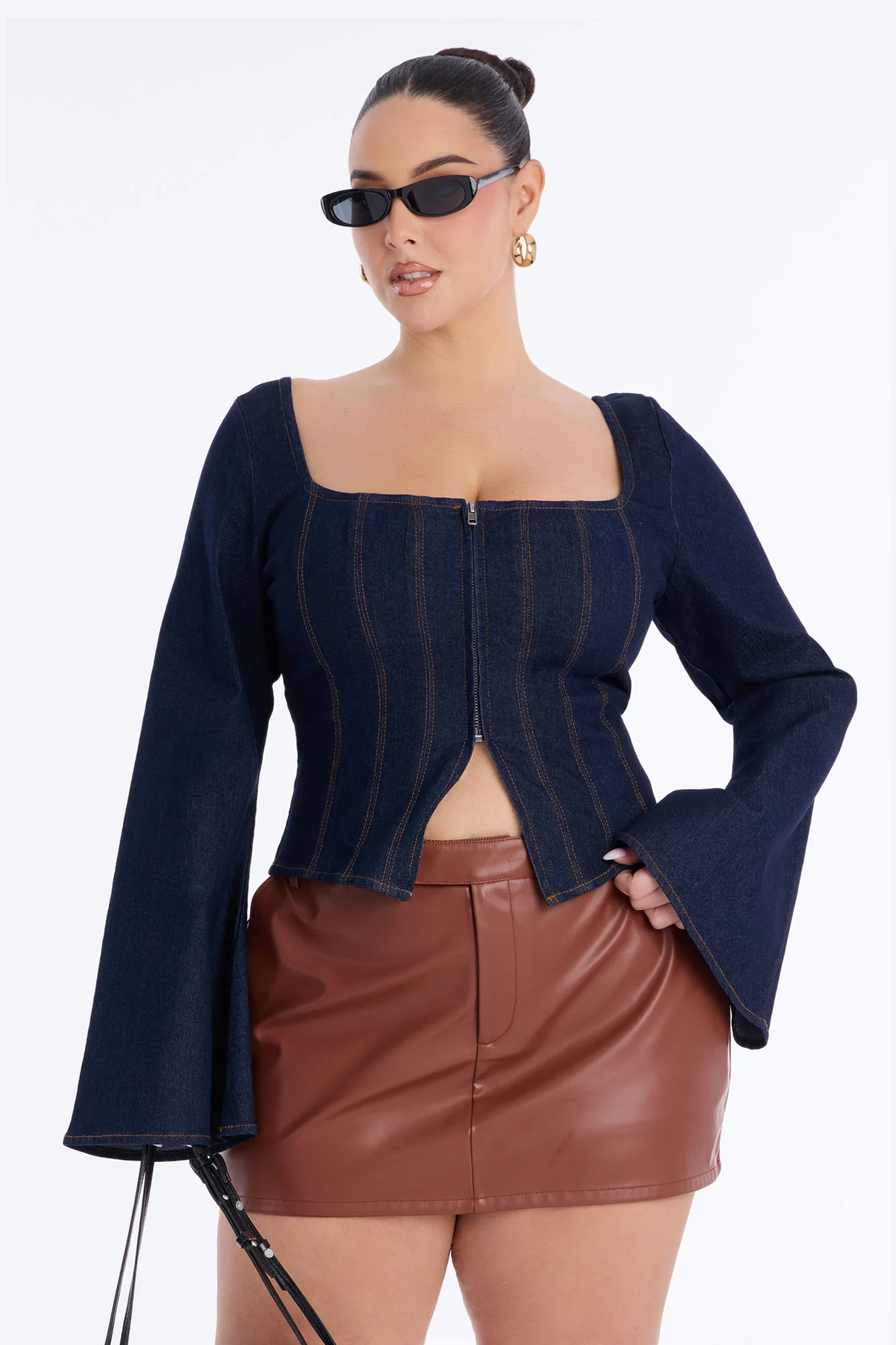 Miss Professional Front Zip Denim Top - Dark Wash - Image 5