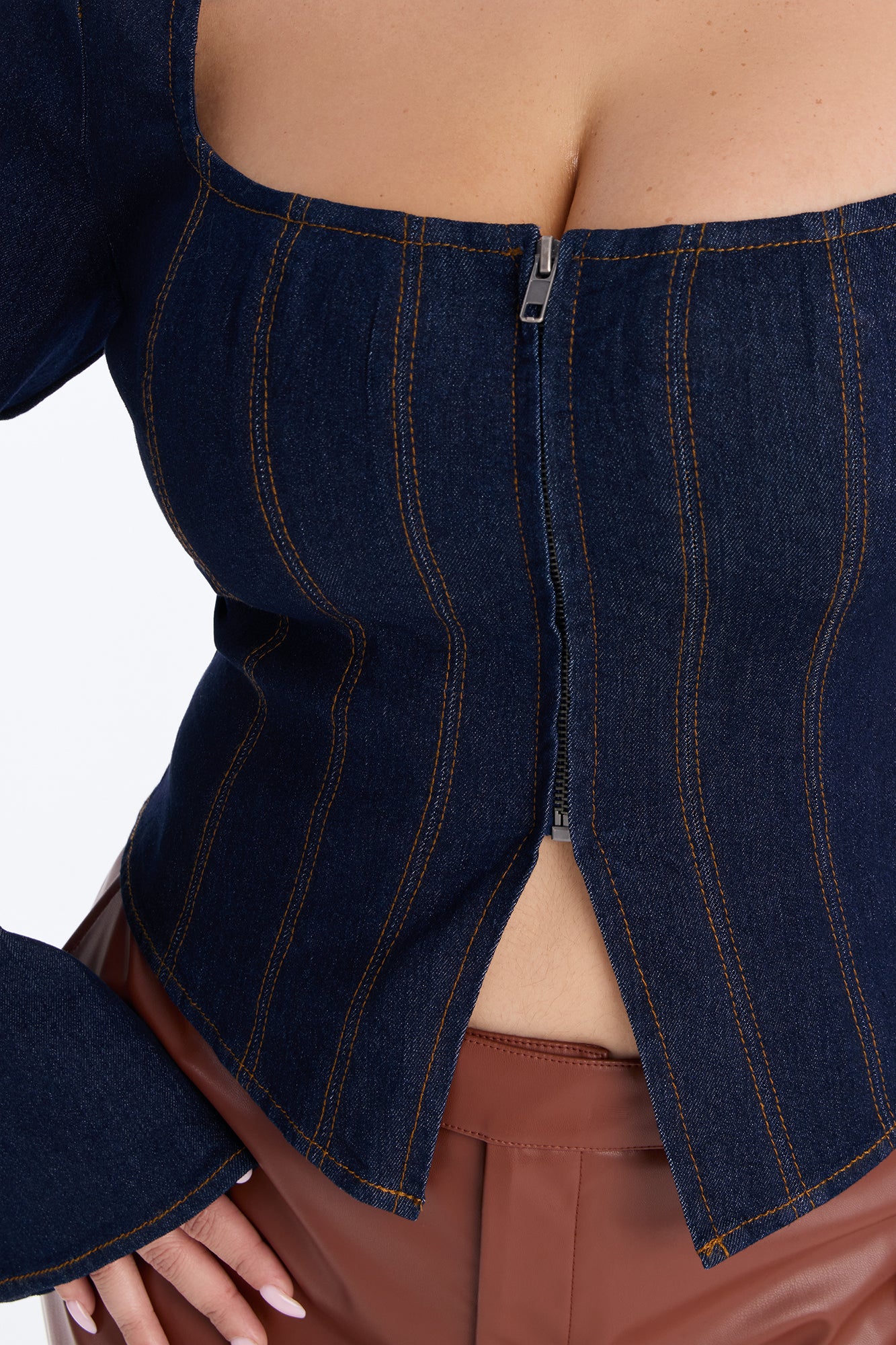 Miss Professional Front Zip Denim Top - Dark Wash - Image 7