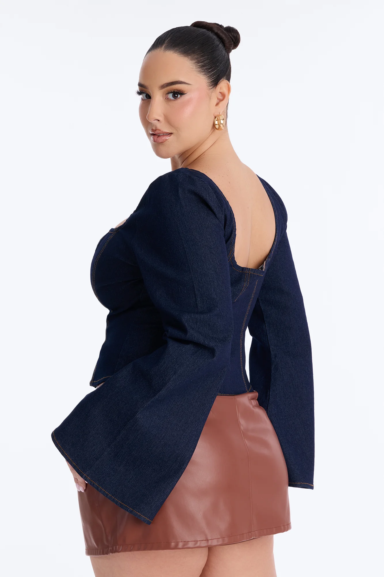 Miss Professional Front Zip Denim Top - Dark Wash - Image 8