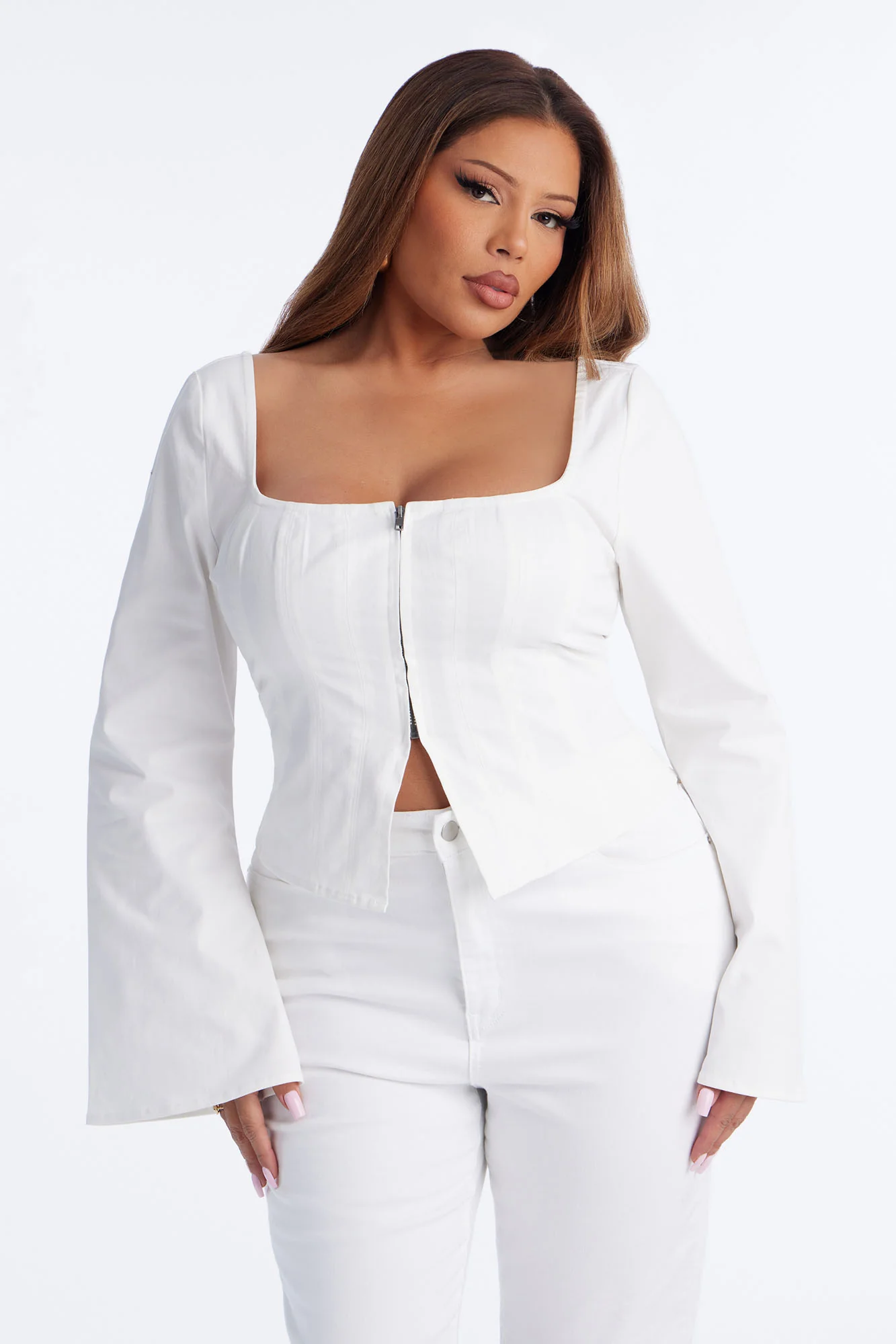 Miss Professional Front Zip Denim Top - White - Image 4