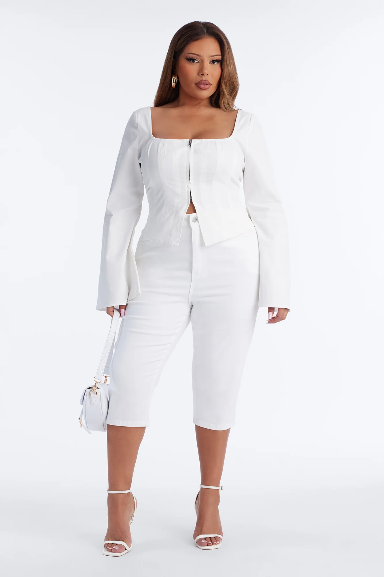 Miss Professional Front Zip Denim Top - White - Image 5