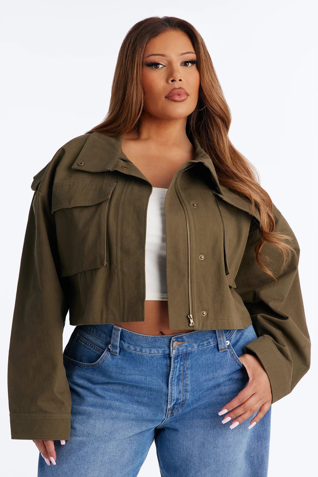 Mission Accomplished Cropped Funnel Neck Utility Jacket - Olive - Image 4