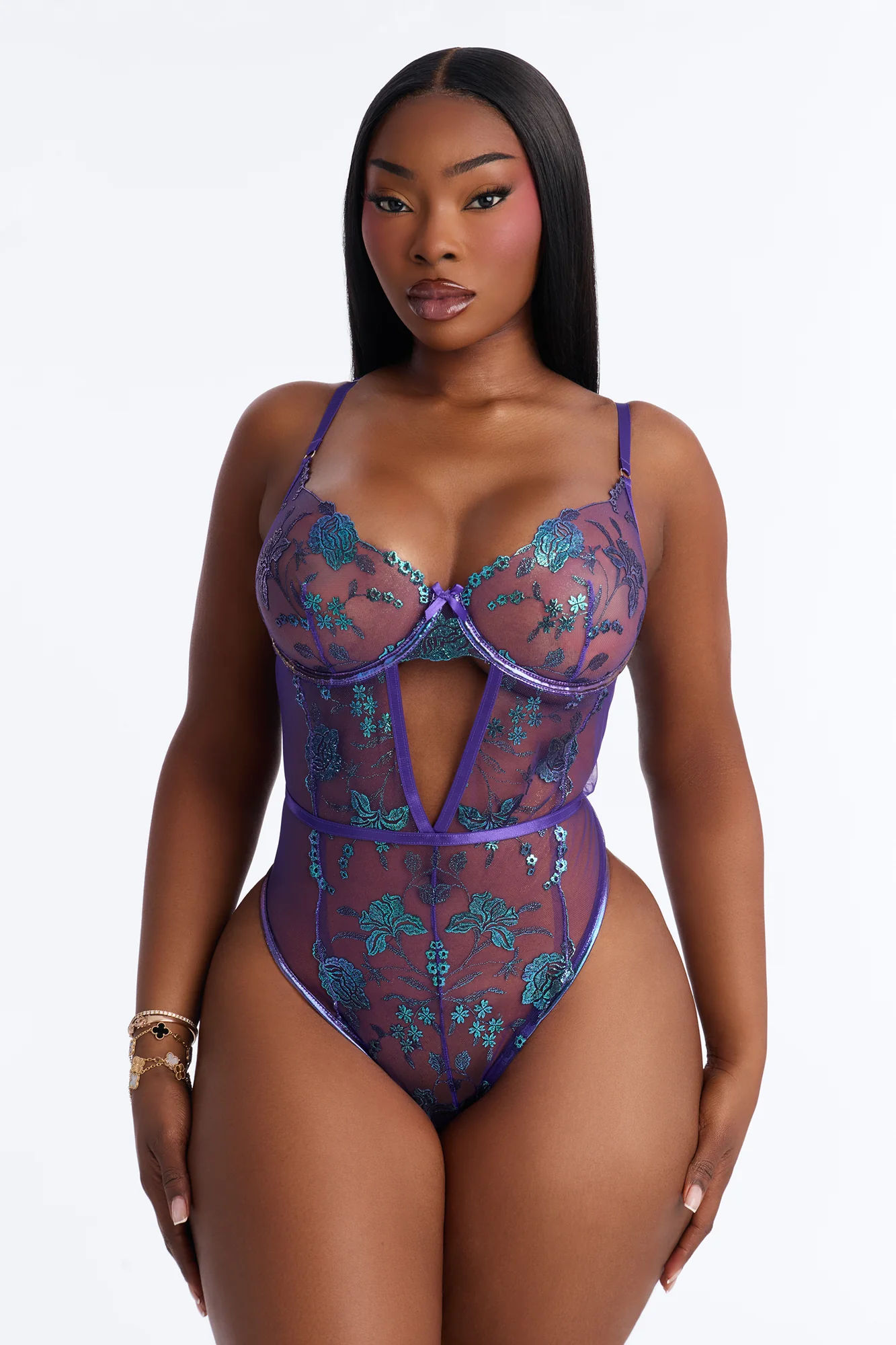 Missy Embroidered Sheer Underwire Teddy - Violet - Image 4