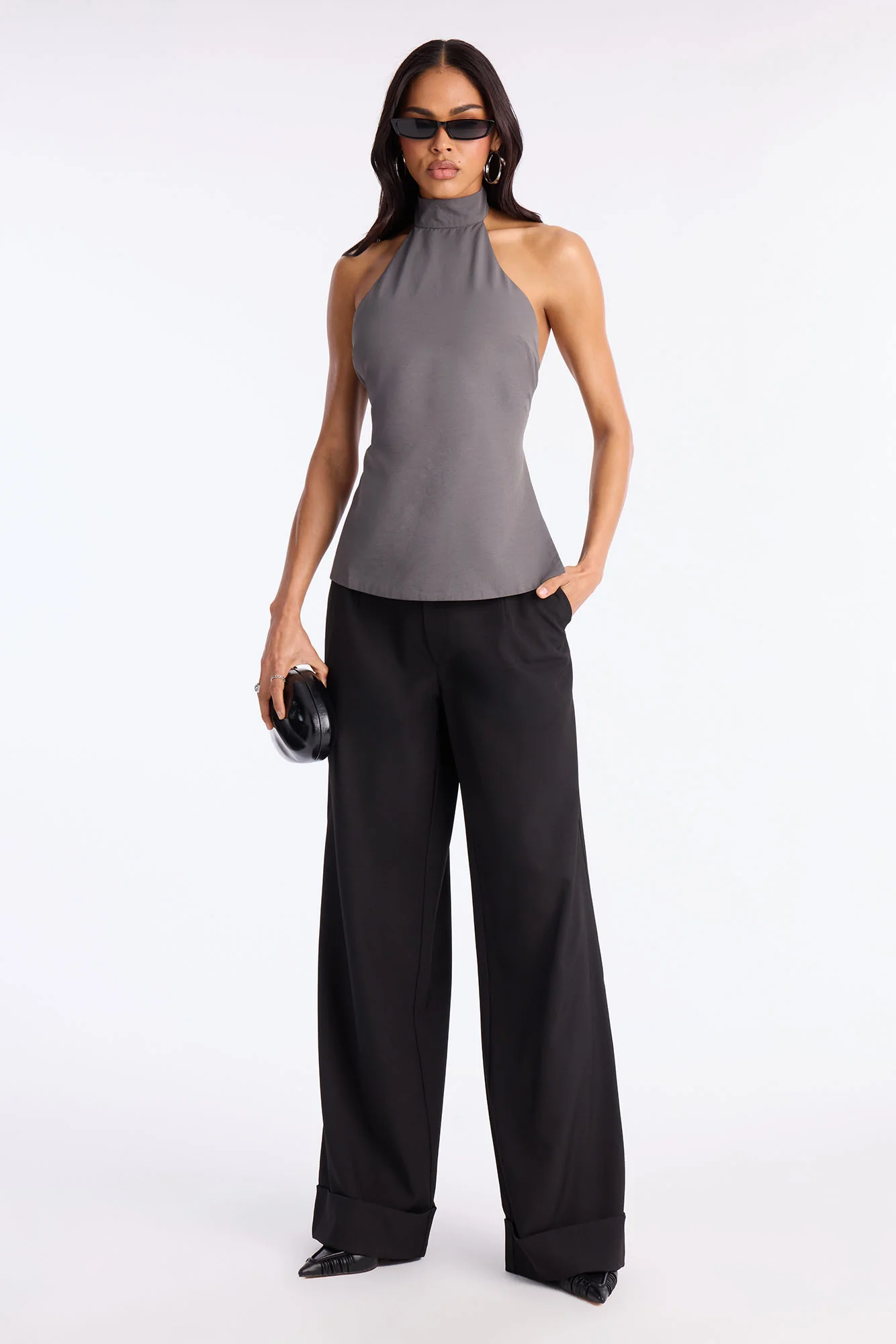 Modern Girl Belted Nylon Halter Top - Grey