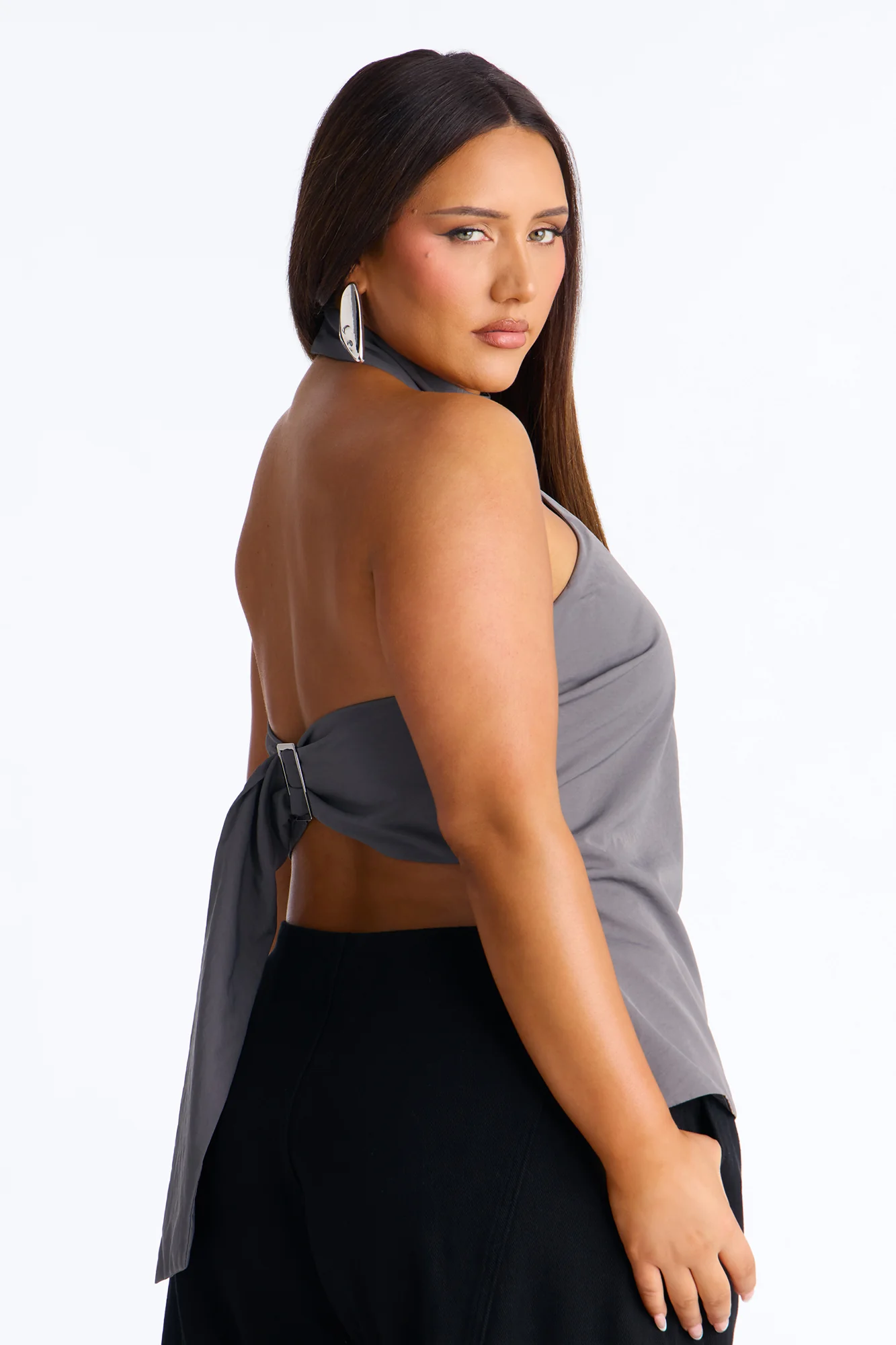 Modern Girl Belted Nylon Halter Top - Grey - Image 7