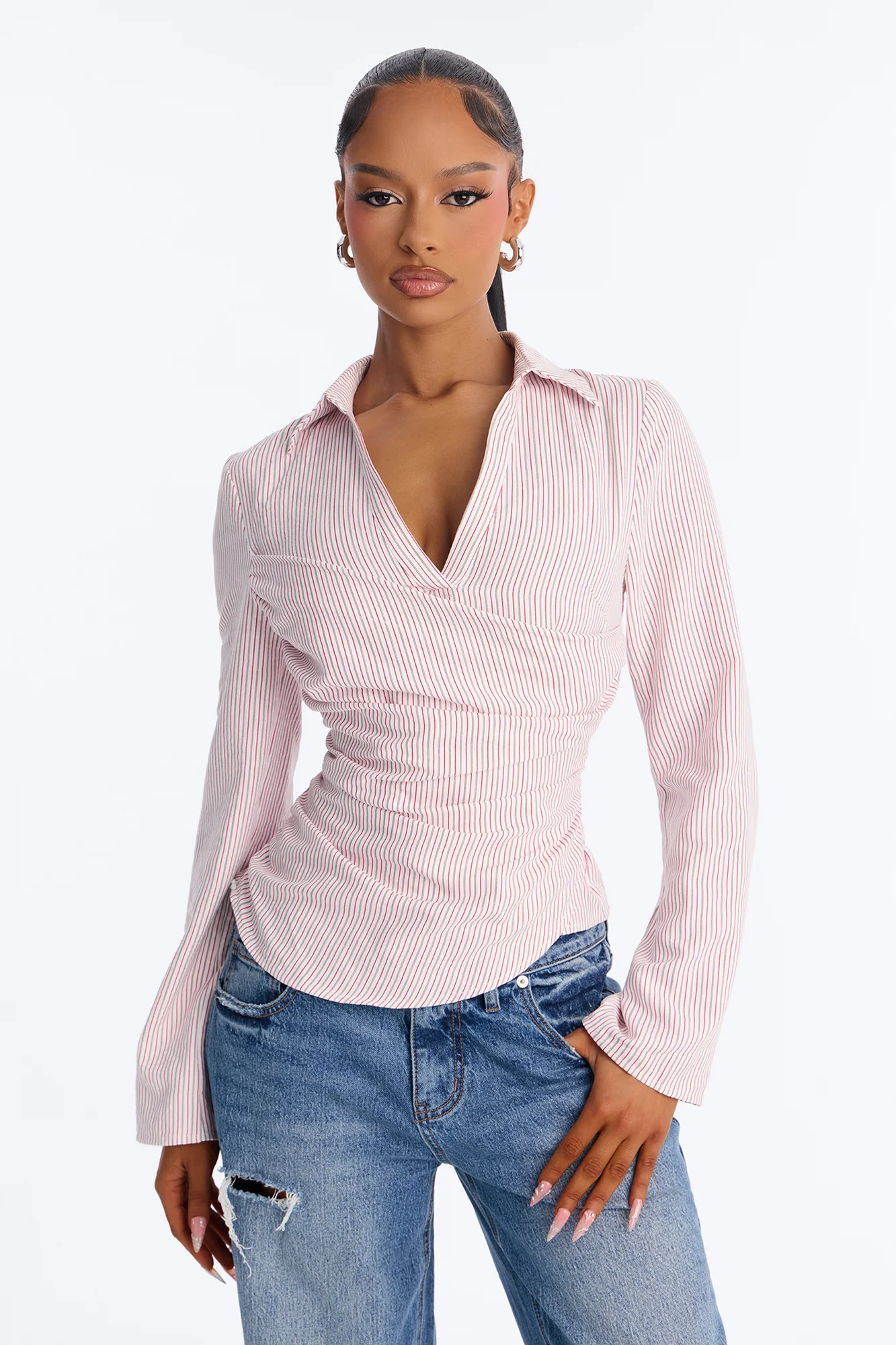 Modern Girl Ruched Pinstripe Top - Pink/combo