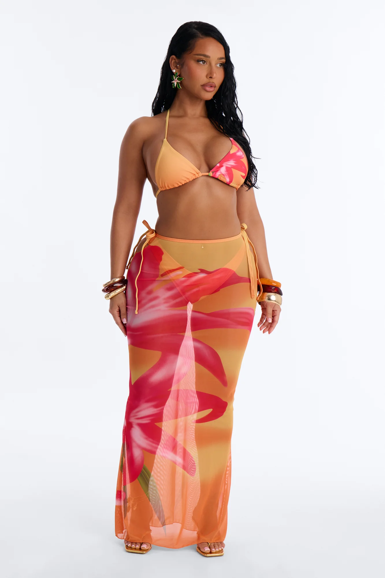 Molly Orchid 3 Piece Bikini & Skirt Sunsuit - Orange/combo