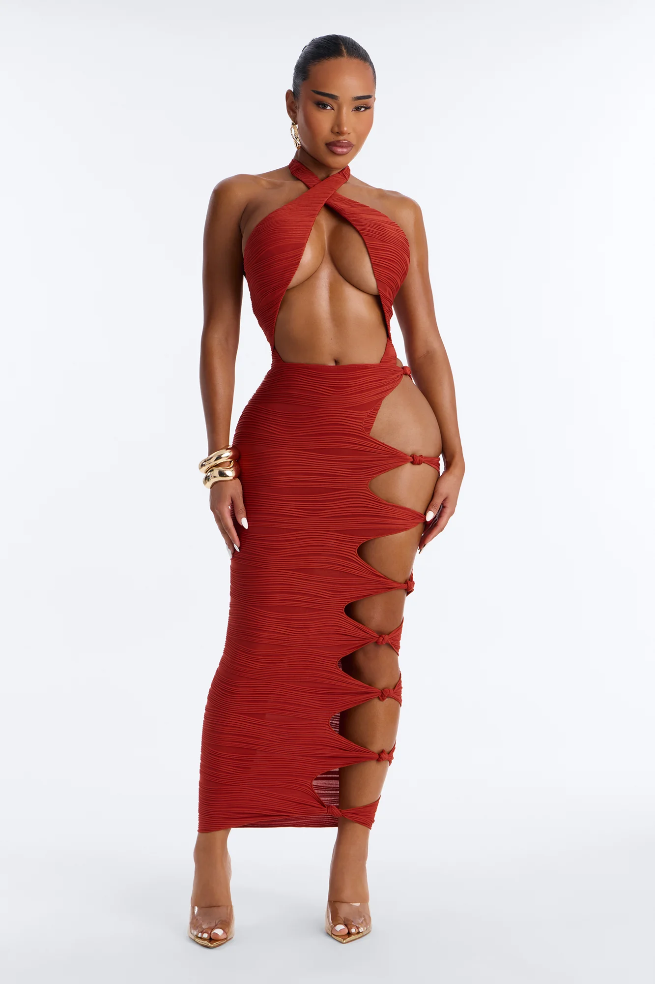 Moments Ribbed 1 Piece Halter Cut Out Swimsuit & Cover Up Midi Skirt Set - Rust