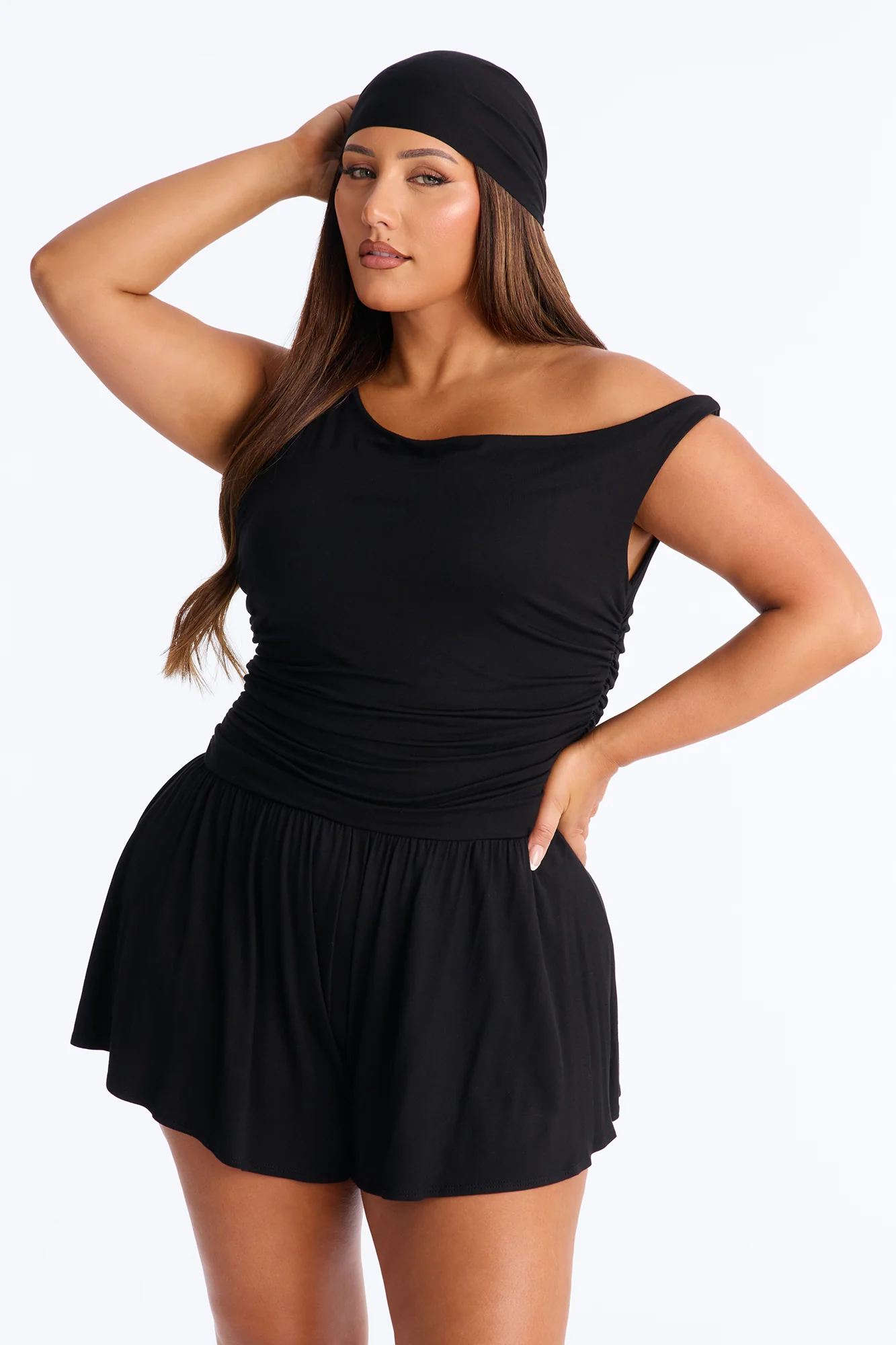 Monica Ruched Romper And Headscarf 2 Piece Set - Black - Image 6