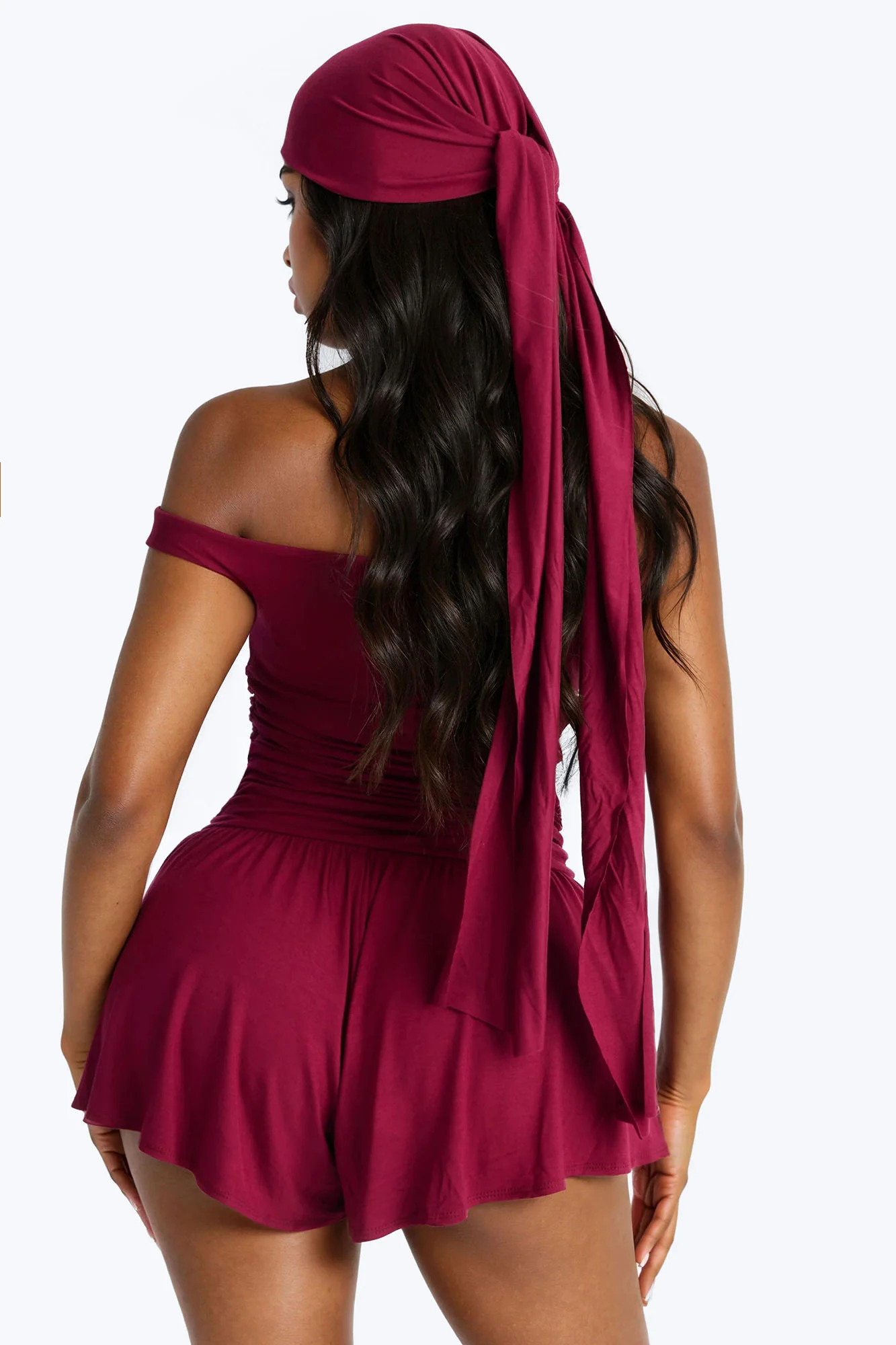 Monica Ruched Romper And Headscarf 2 Piece Set - Plum - Image 3