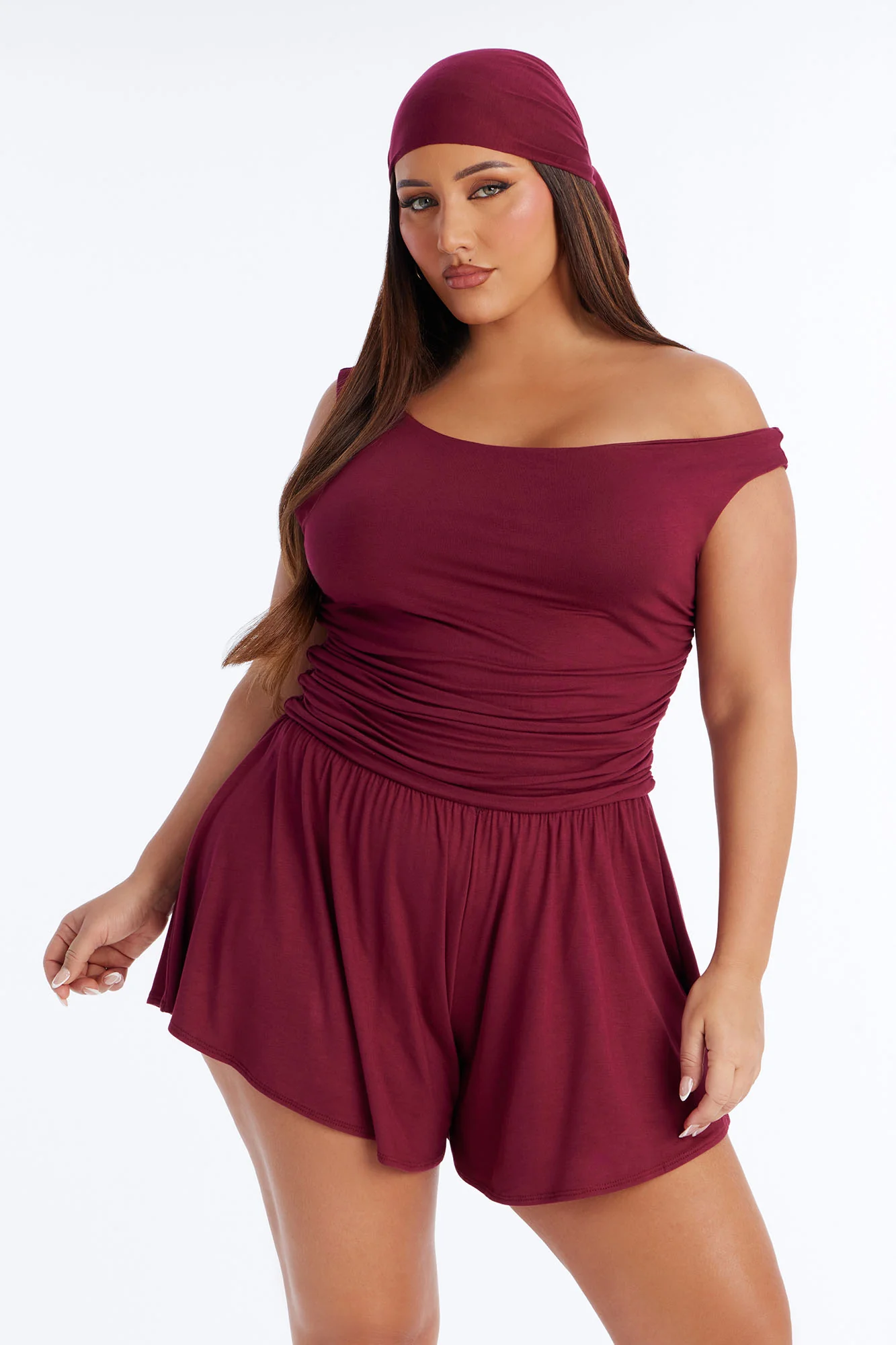 Monica Ruched Romper And Headscarf 2 Piece Set - Plum - Image 4