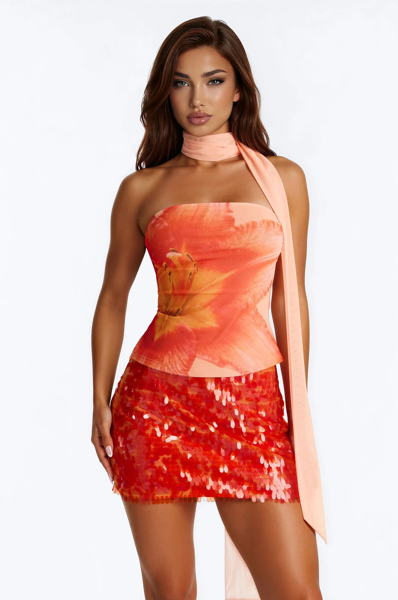 Monique Floral Mesh 2 Piece Tube Top - Orange/combo